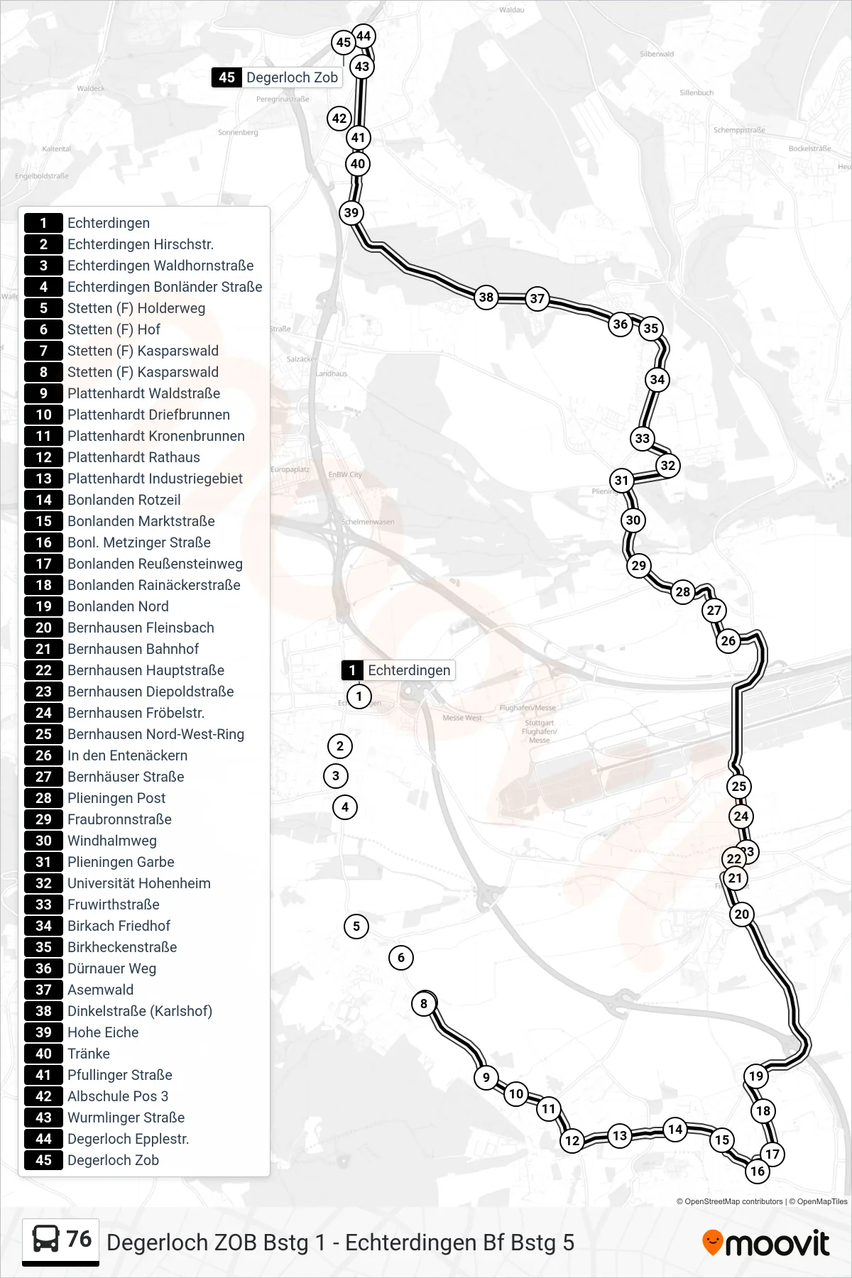 76 tram Line (Degerloch Zob) route and stops on a map