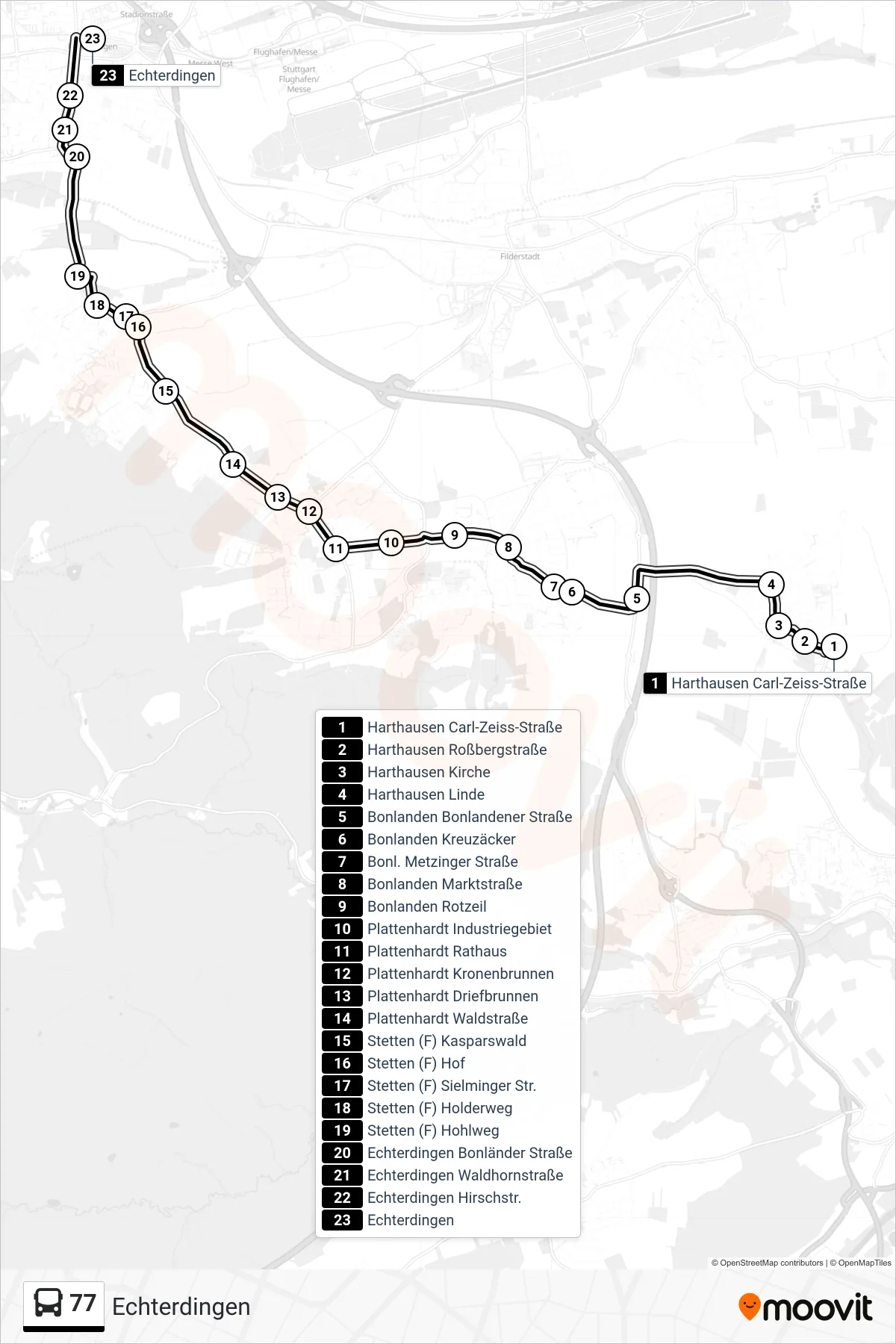 77 tram Line (Echterdingen) route and stops on a map