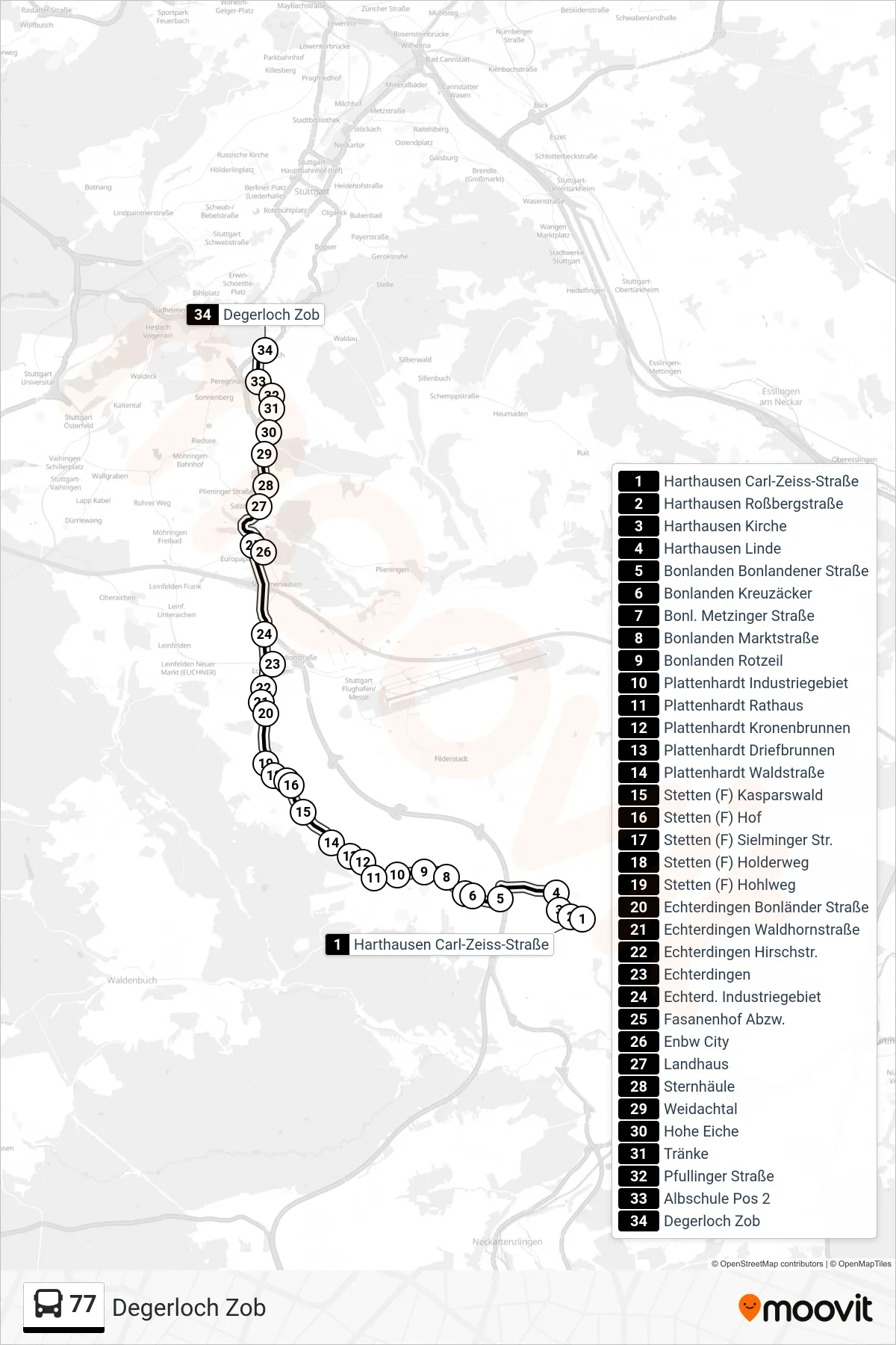 77 tram Line (Degerloch Zob) route and stops on a map