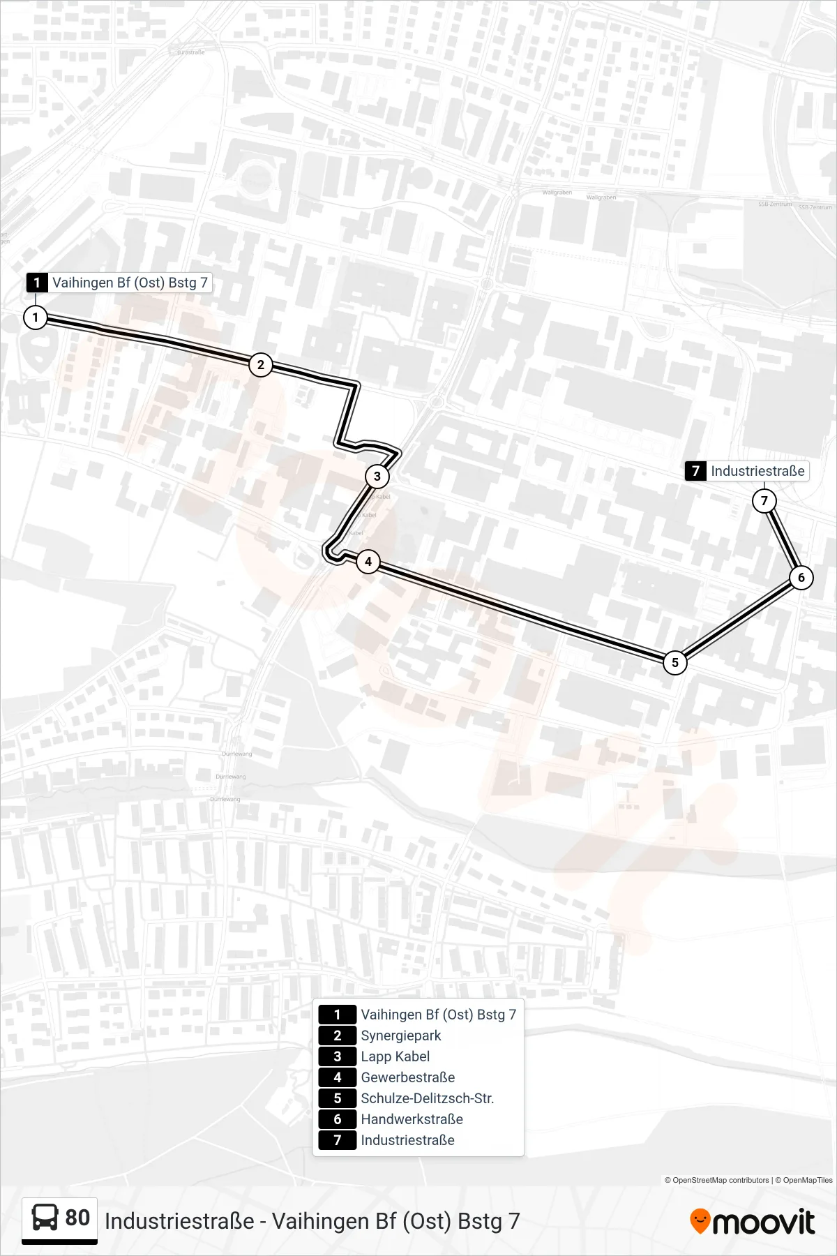 Linie 80 (Tram) Richtung Industriestraße: Route und Haltestellen auf der Karte