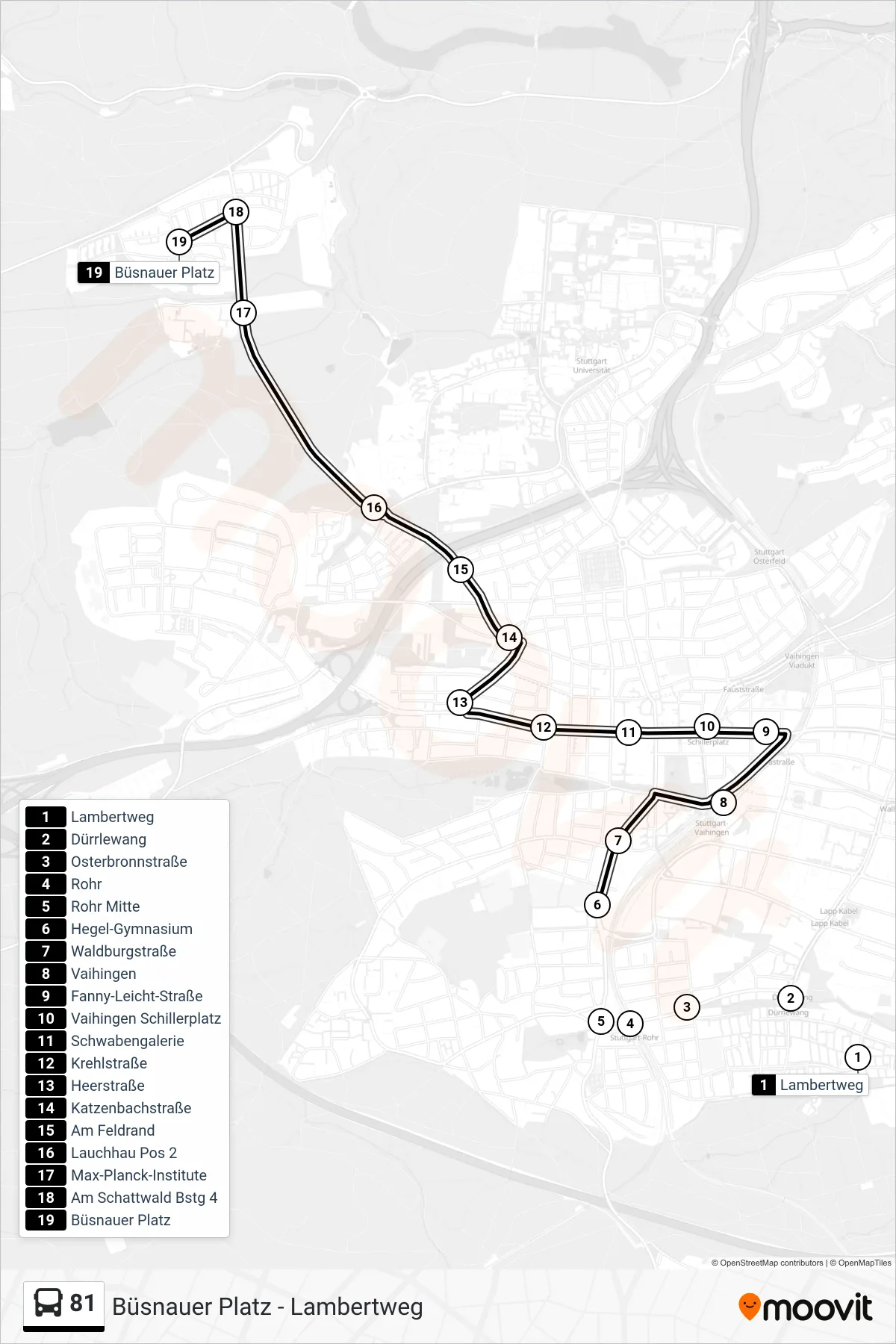 81 tram Line (Büsnauer Platz) route and stops on a map
