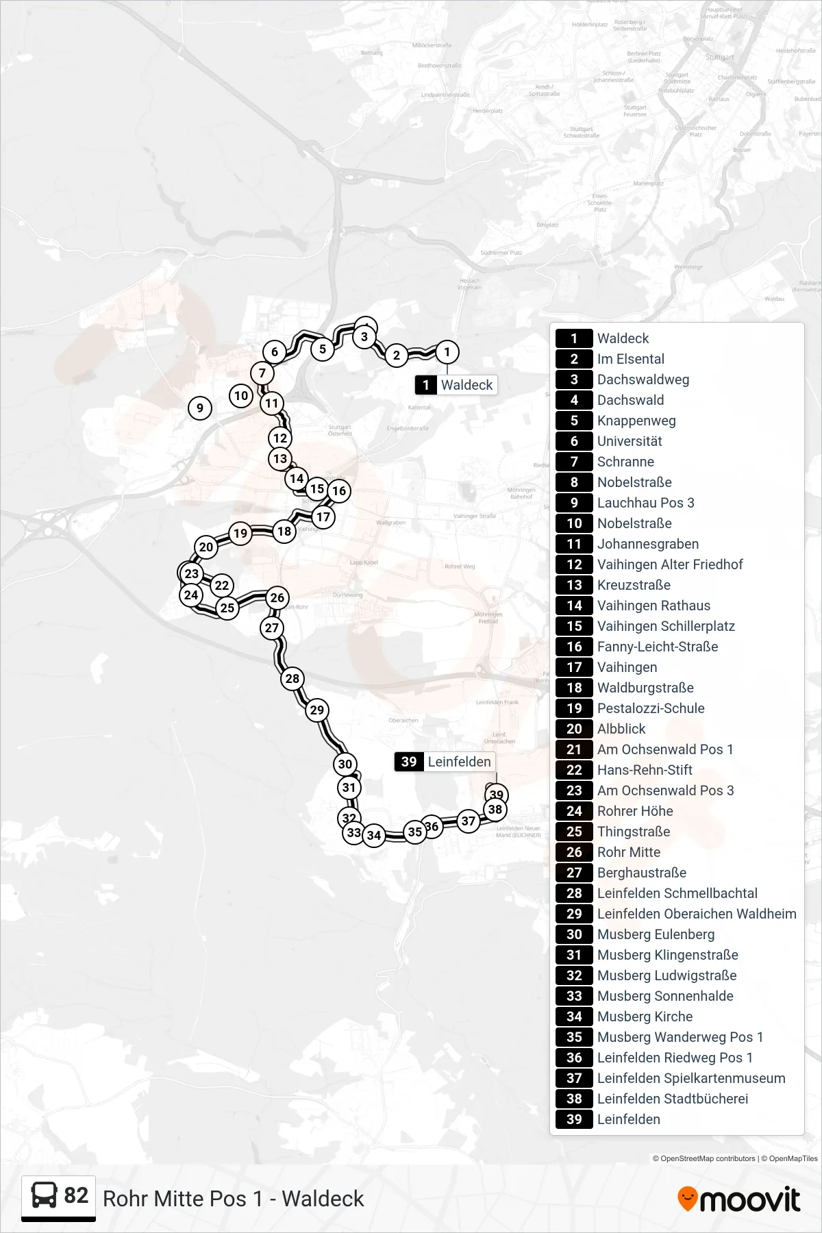 82 tram Line (Leinfelden) route and stops on a map