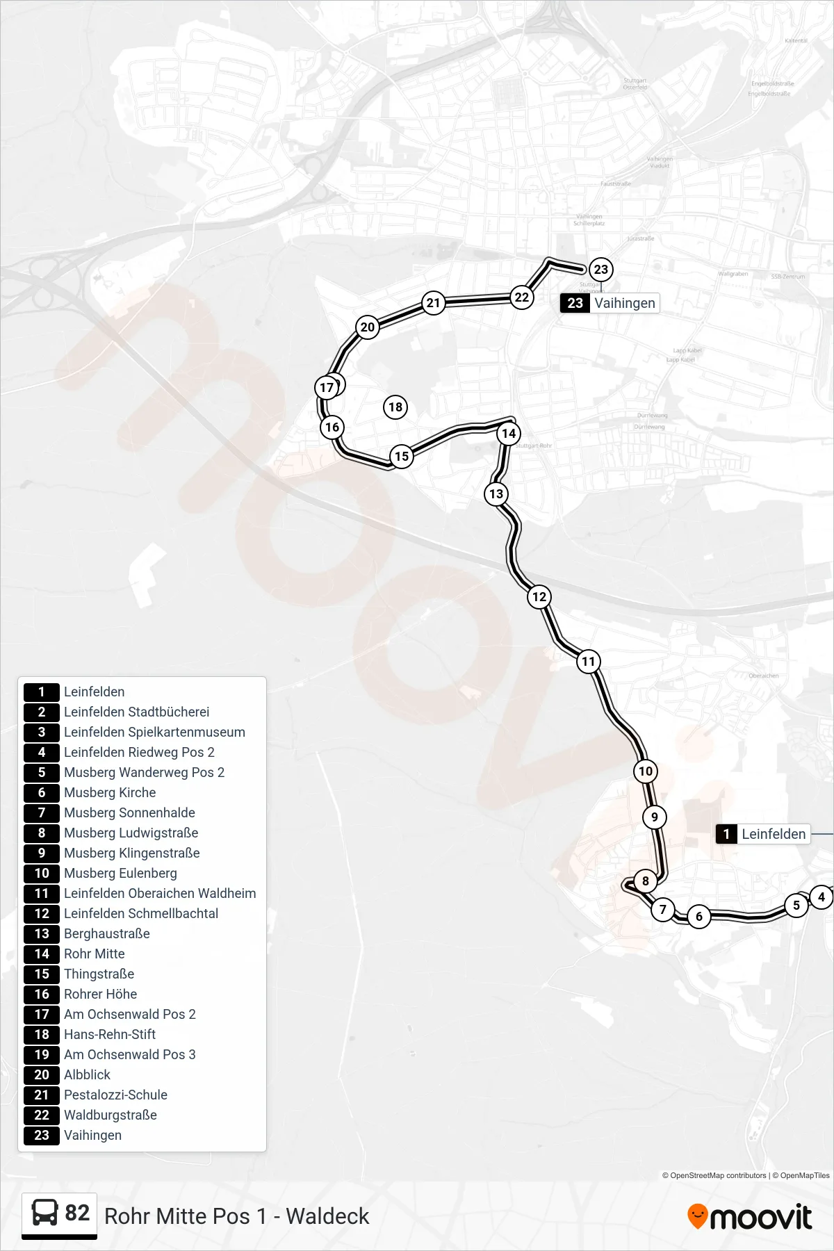 82 tram Line (Vaihingen) route and stops on a map