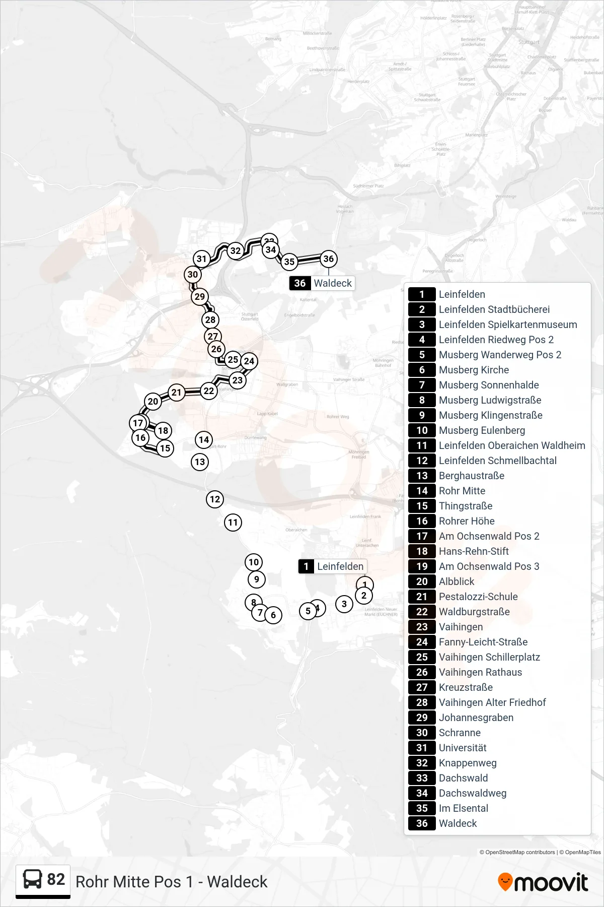 82 tram Line (Waldeck) route and stops on a map