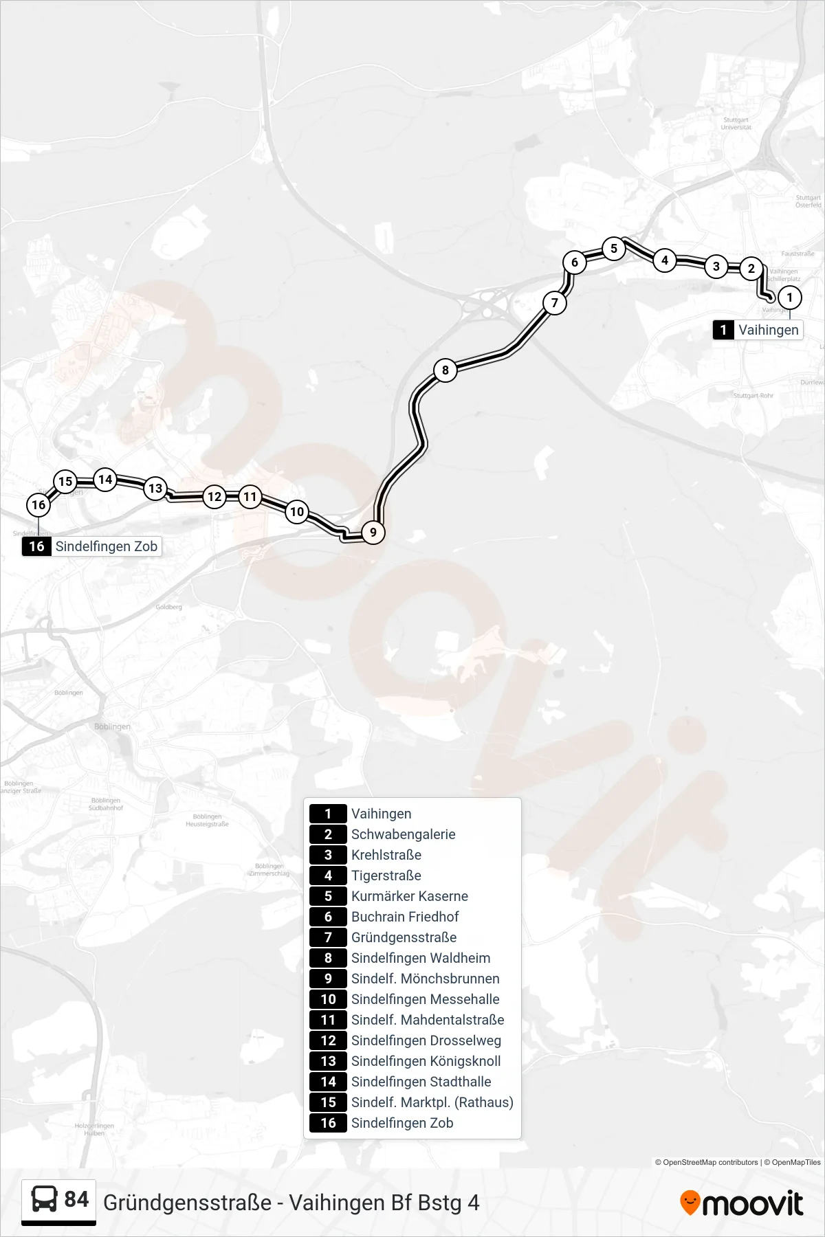 Linie 84 (Tram) Richtung Sindelfingen Zob: Route und Haltestellen auf der Karte