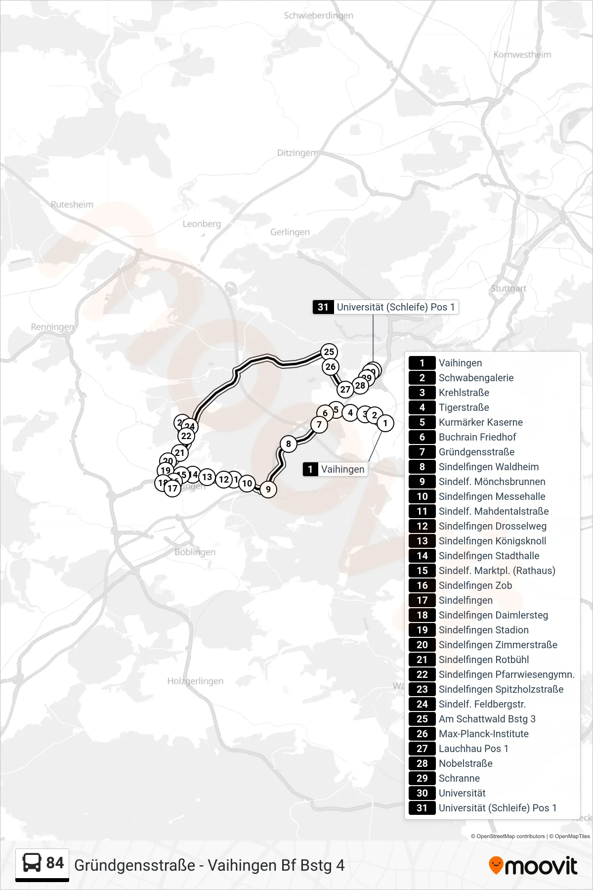 84 tram Line (Universität (Schleife)) route and stops on a map