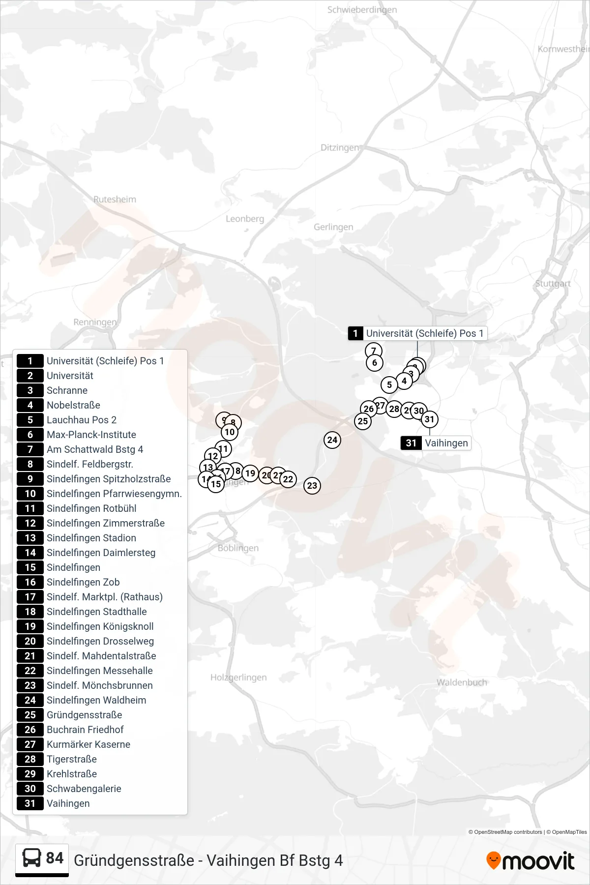 84 tram Line (Vaihingen) route and stops on a map