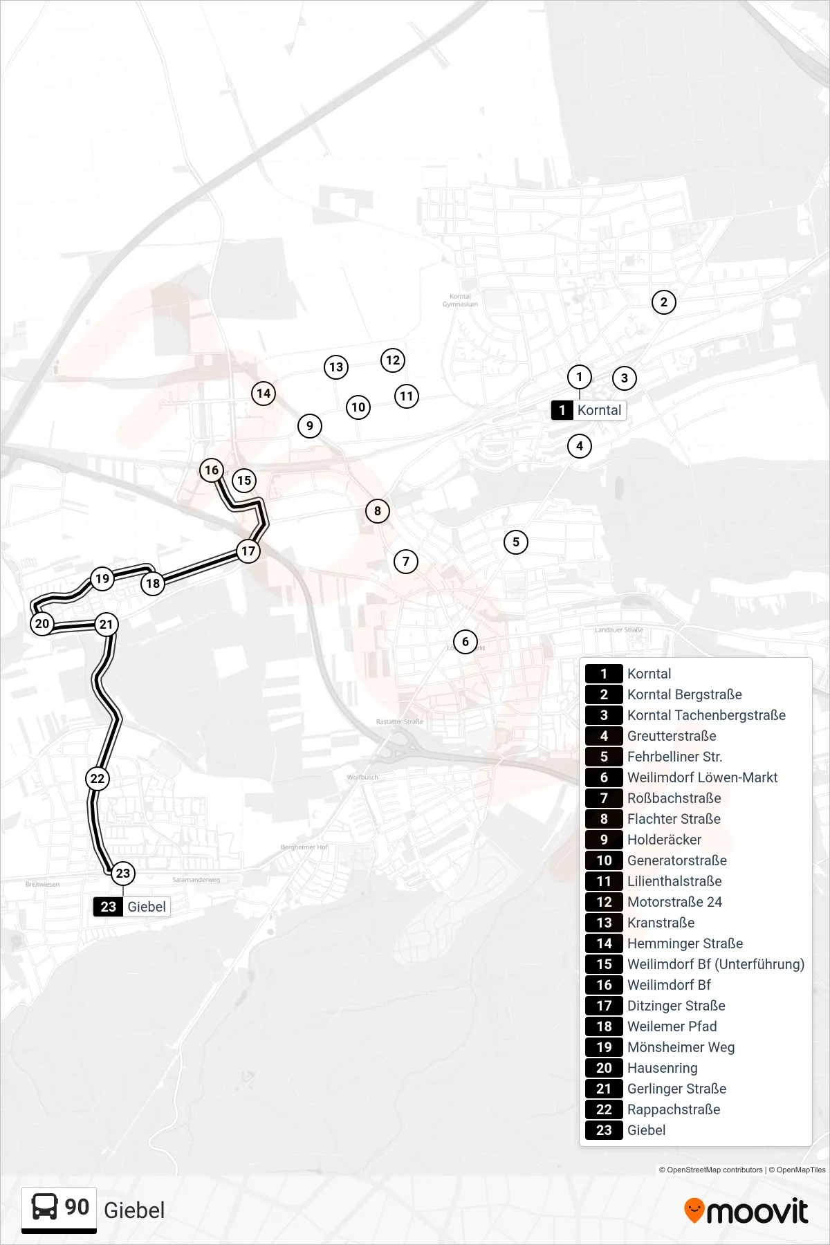 90 tram Line (Giebel) route and stops on a map