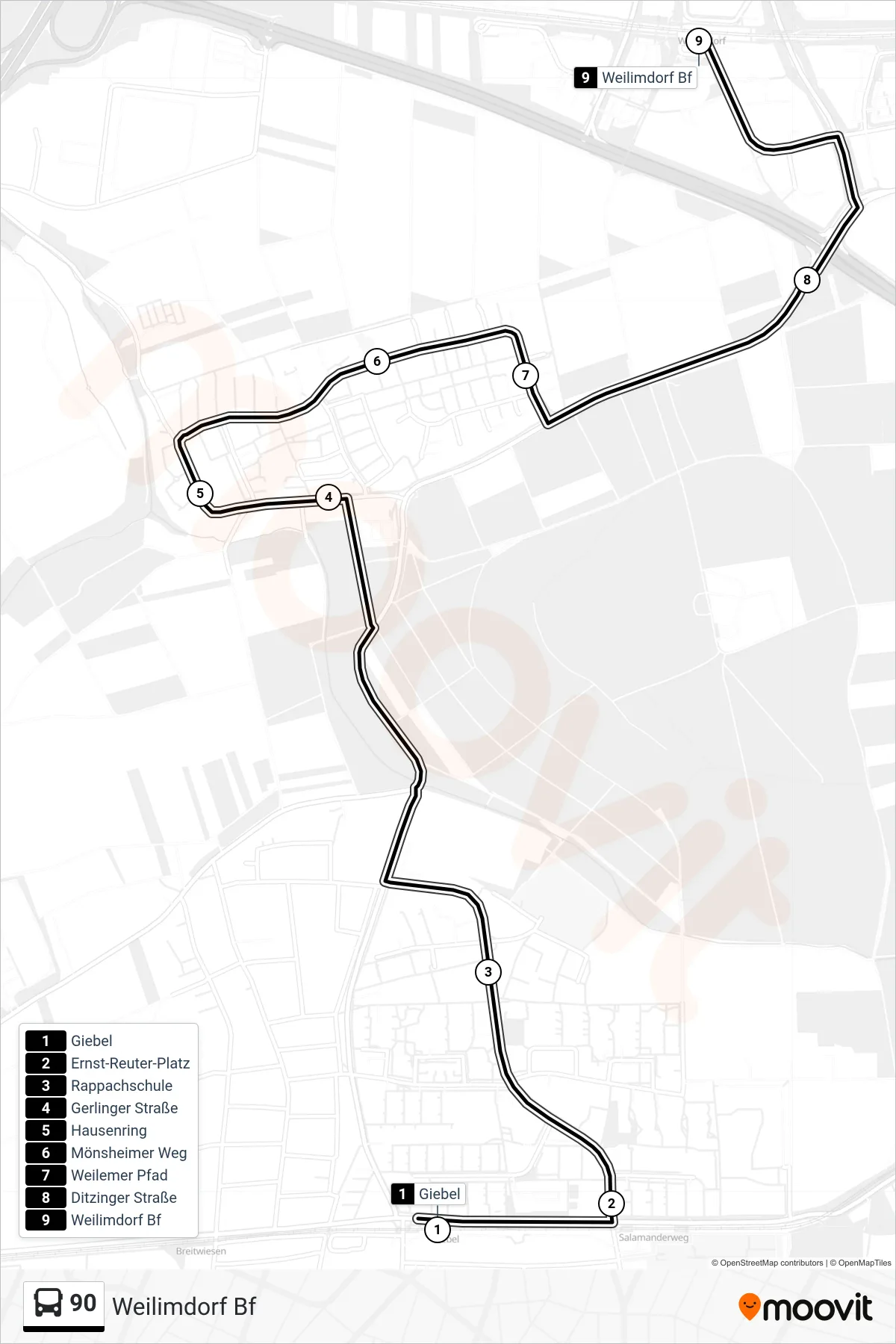 Linie 90 (Tram) Richtung Weilimdorf Bf: Route und Haltestellen auf der Karte