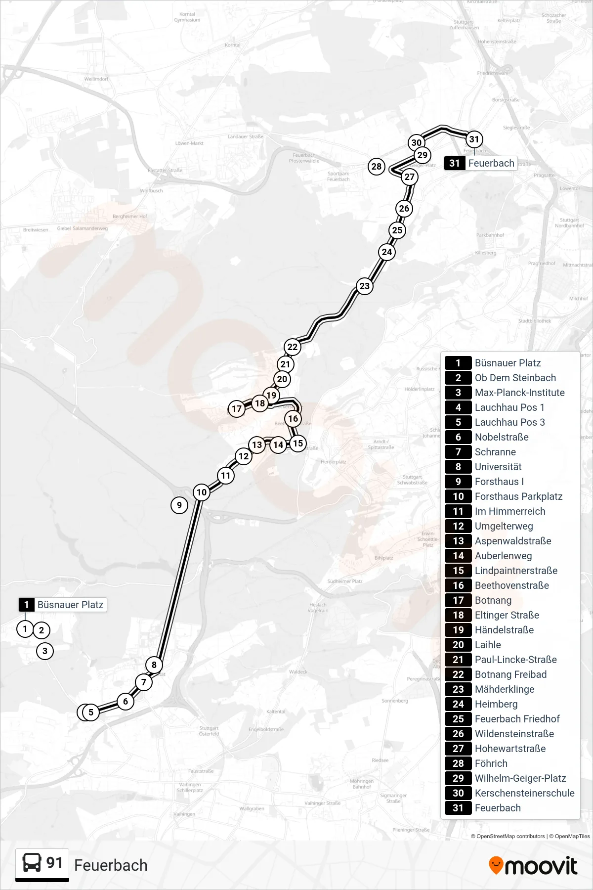 91 tram Line (Feuerbach) route and stops on a map