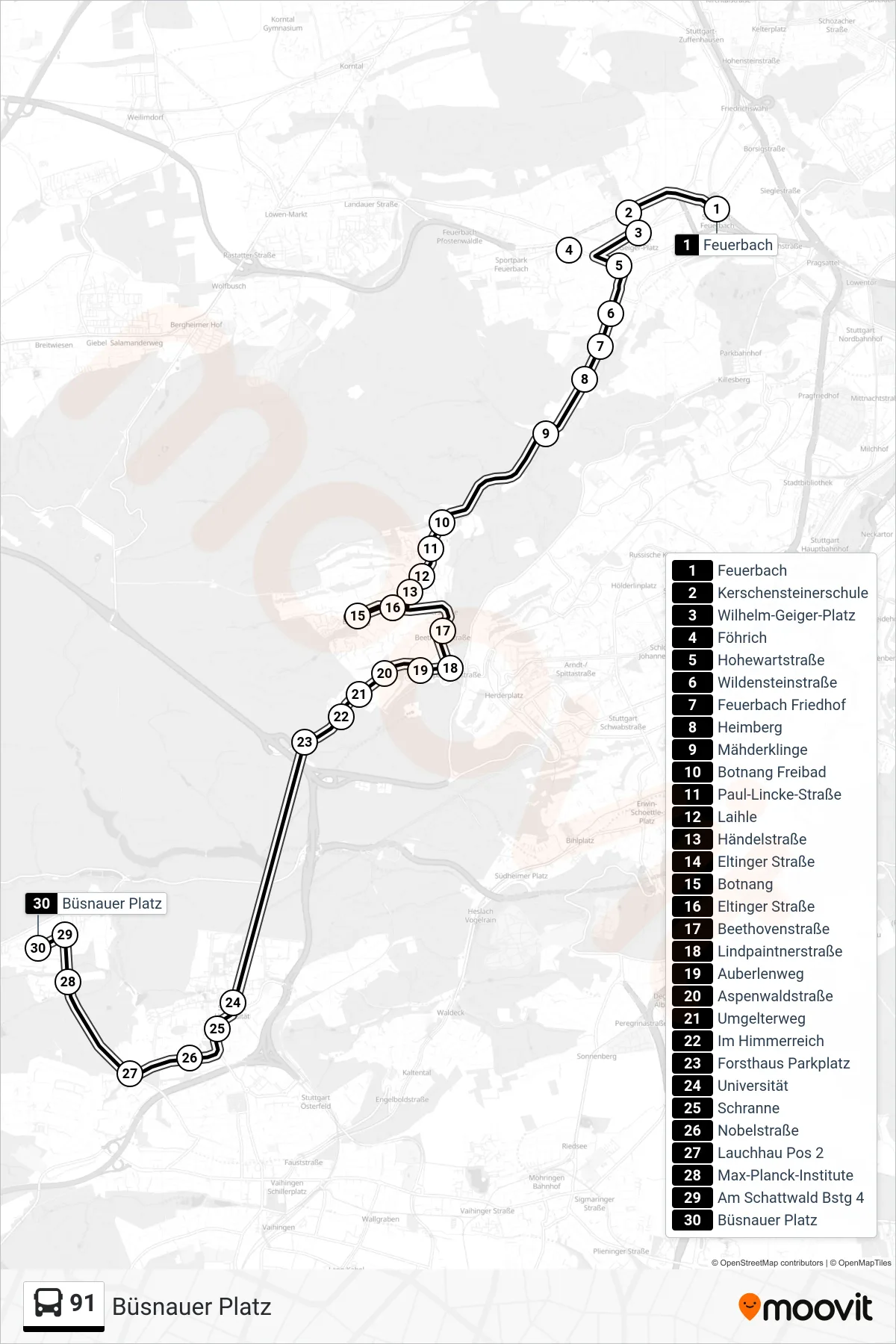 91 tram Line (Büsnauer Platz) route and stops on a map