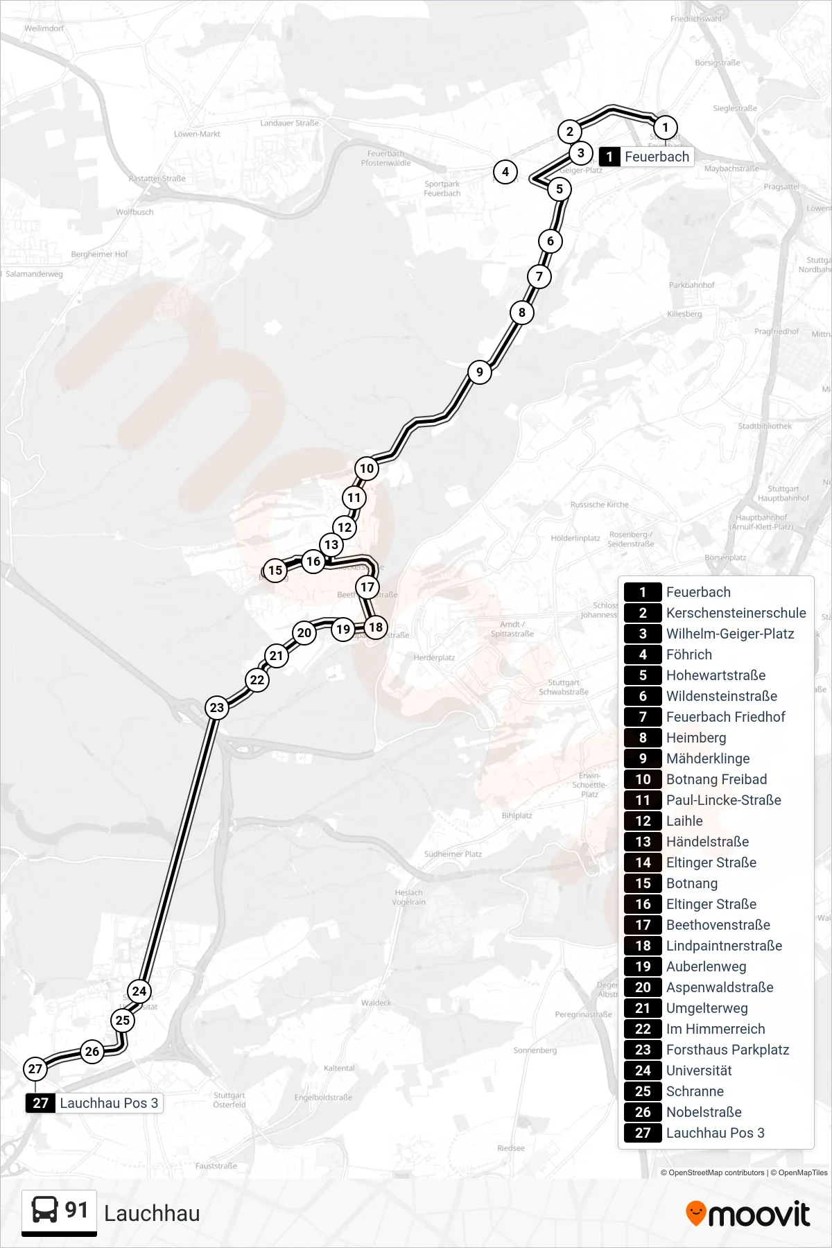91 tram Line (Lauchhau) route and stops on a map