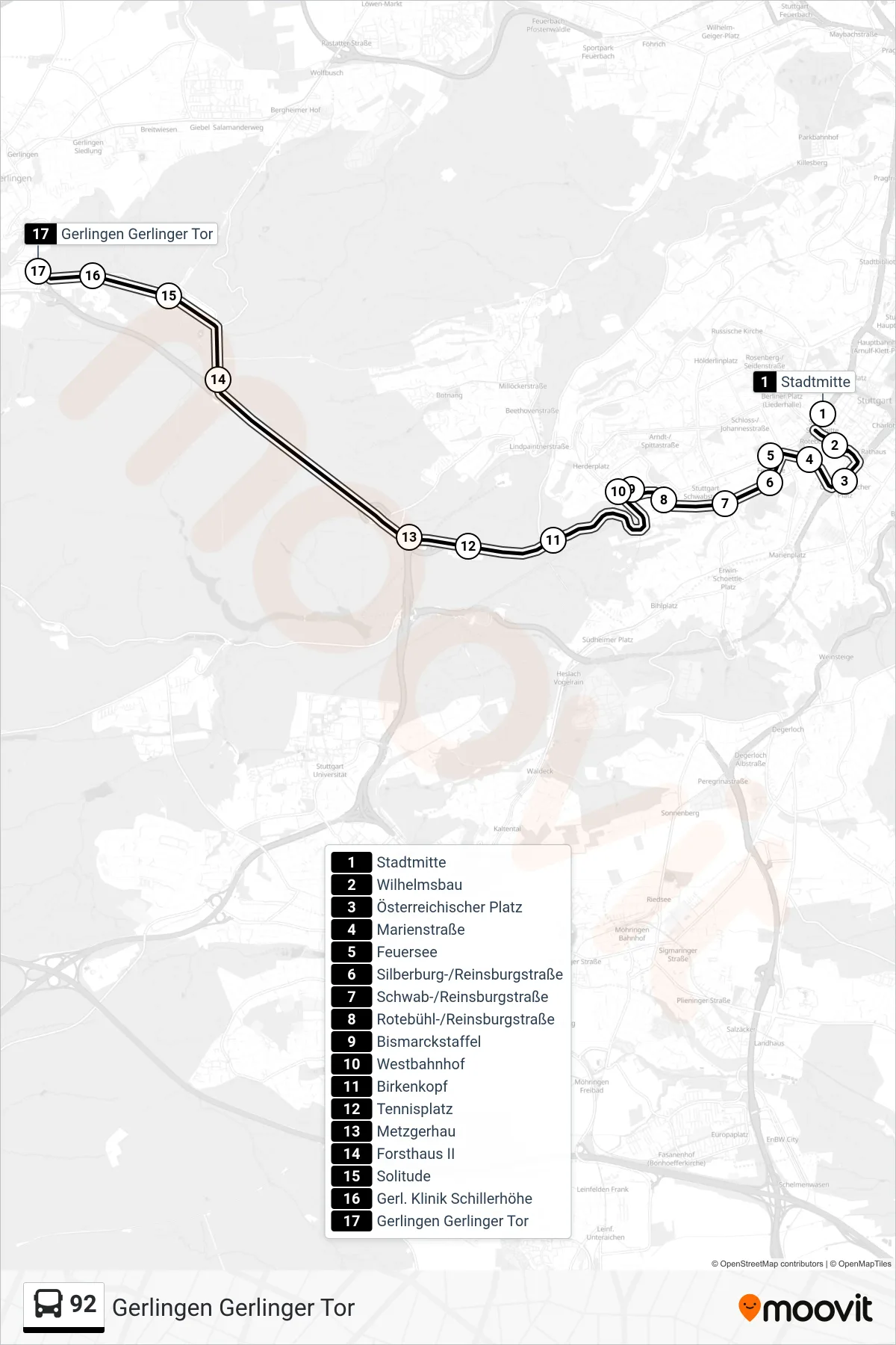 Linie 92 (Tram) Richtung Gerlingen Gerlinger Tor: Route und Haltestellen auf der Karte