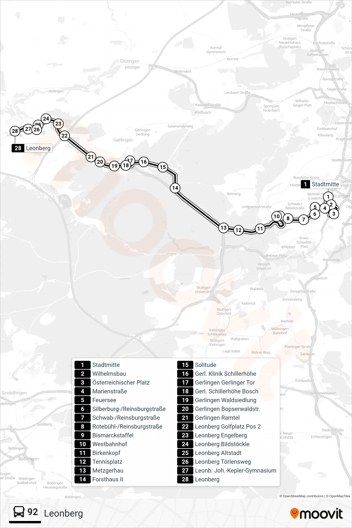 92 tram Line (Leonberg) route and stops on a map