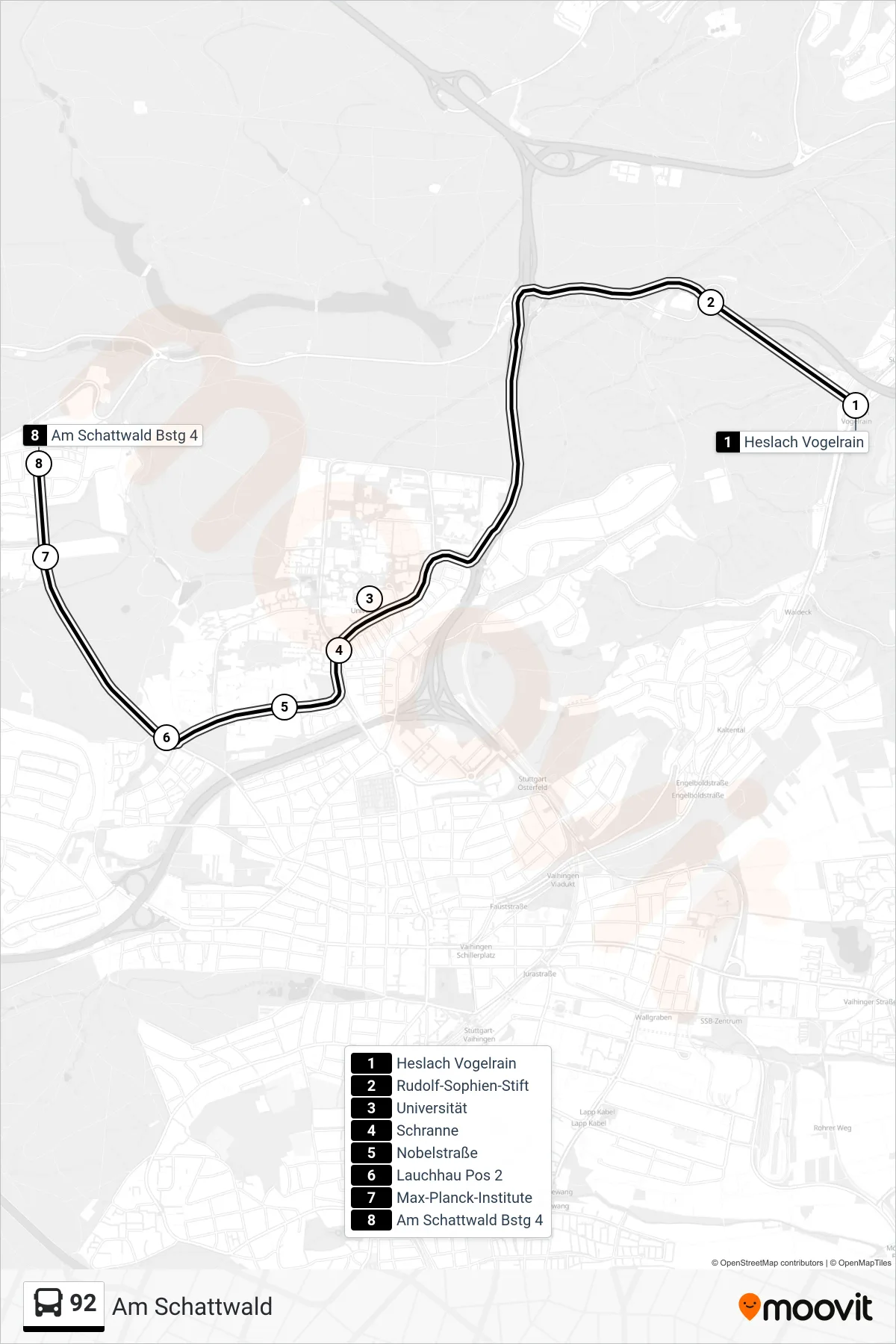 92 tram Line (Am Schattwald) route and stops on a map