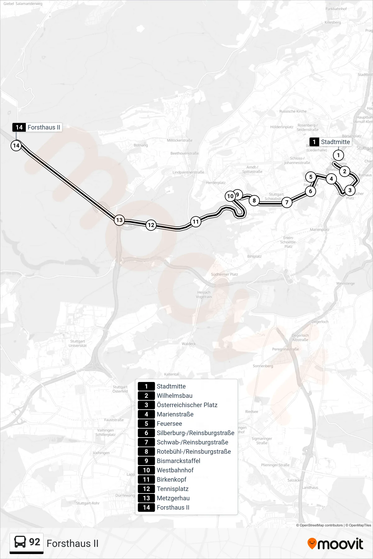 92 tram Line (Forsthaus II) route and stops on a map
