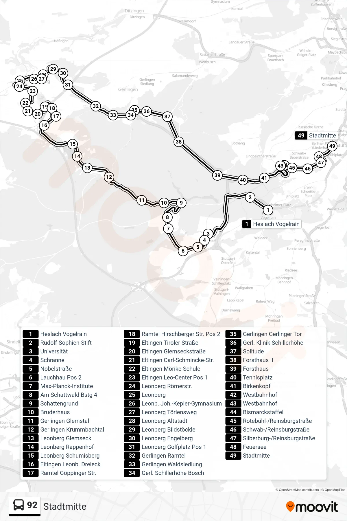92 tram Line (Stadtmitte) route and stops on a map