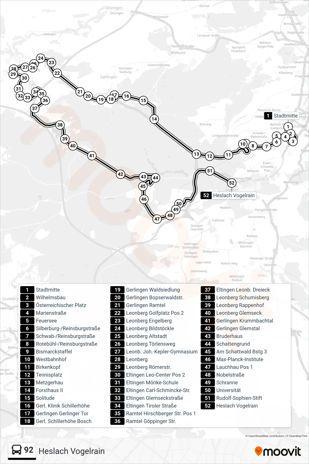92 tram Line (Heslach Vogelrain) route and stops on a map