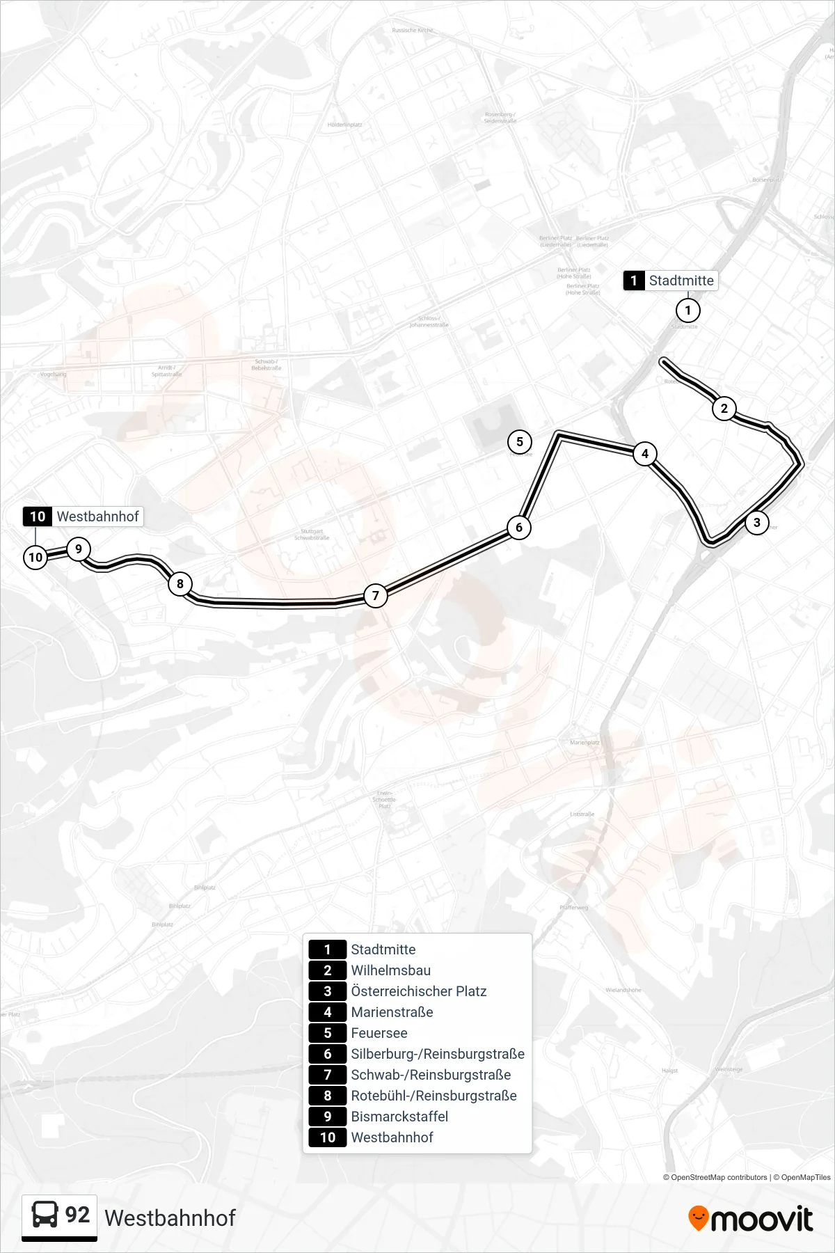 92 tram Line (Westbahnhof) route and stops on a map