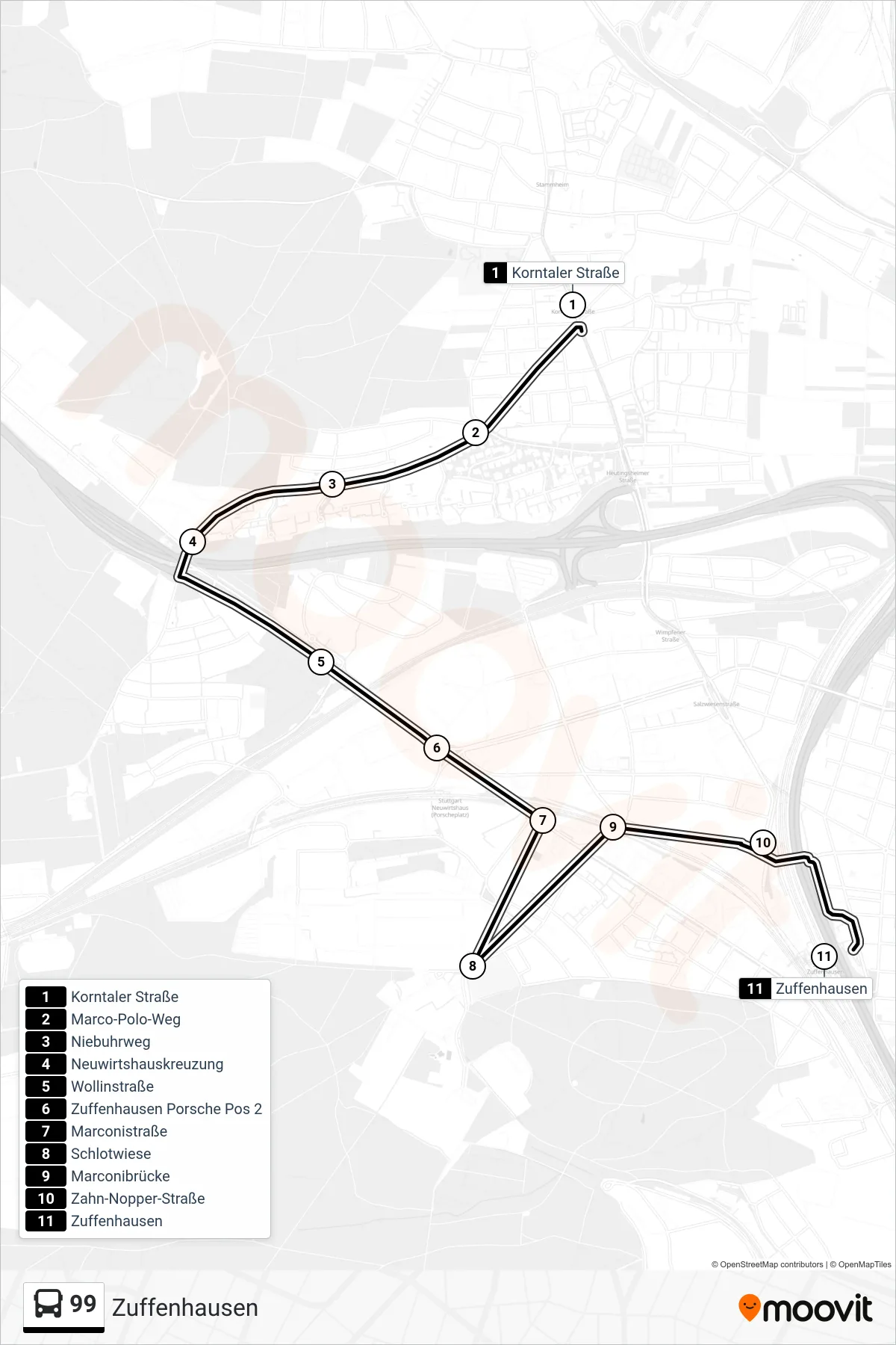 Linie 99 (Tram) Richtung Zuffenhausen: Route und Haltestellen auf der Karte
