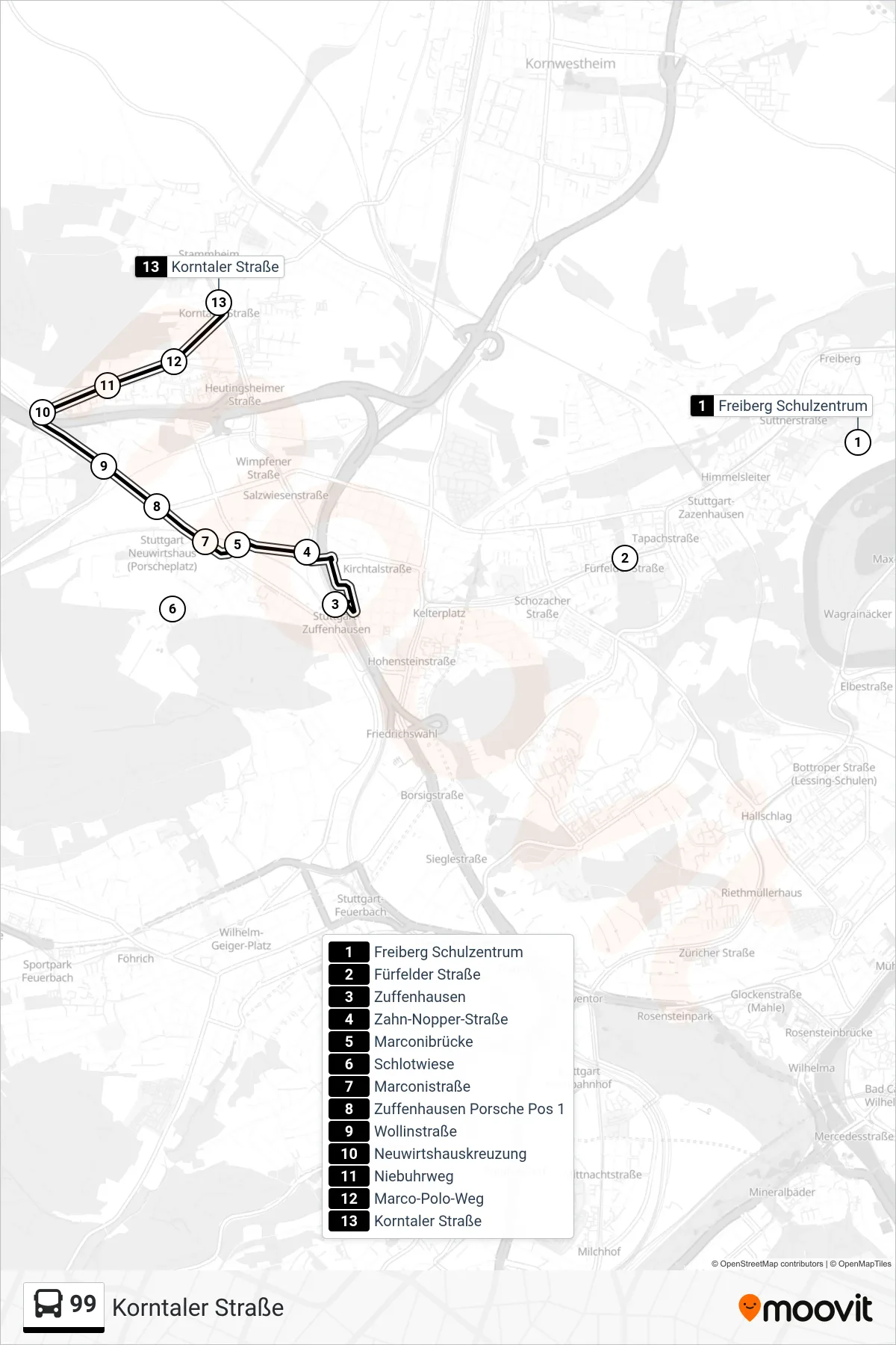 99 tram Line (Korntaler Straße) route and stops on a map