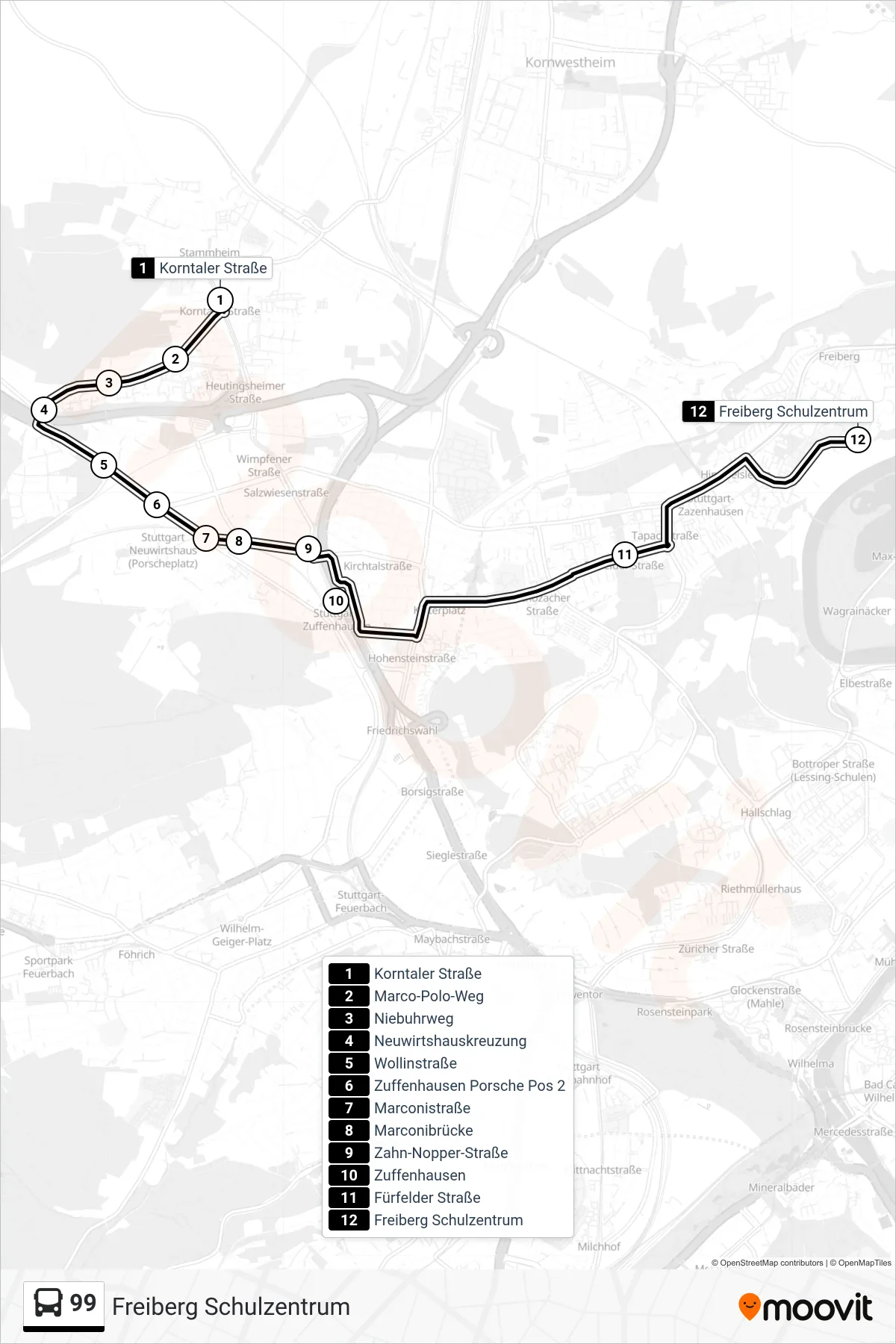99 tram Line (Freiberg Schulzentrum) route and stops on a map
