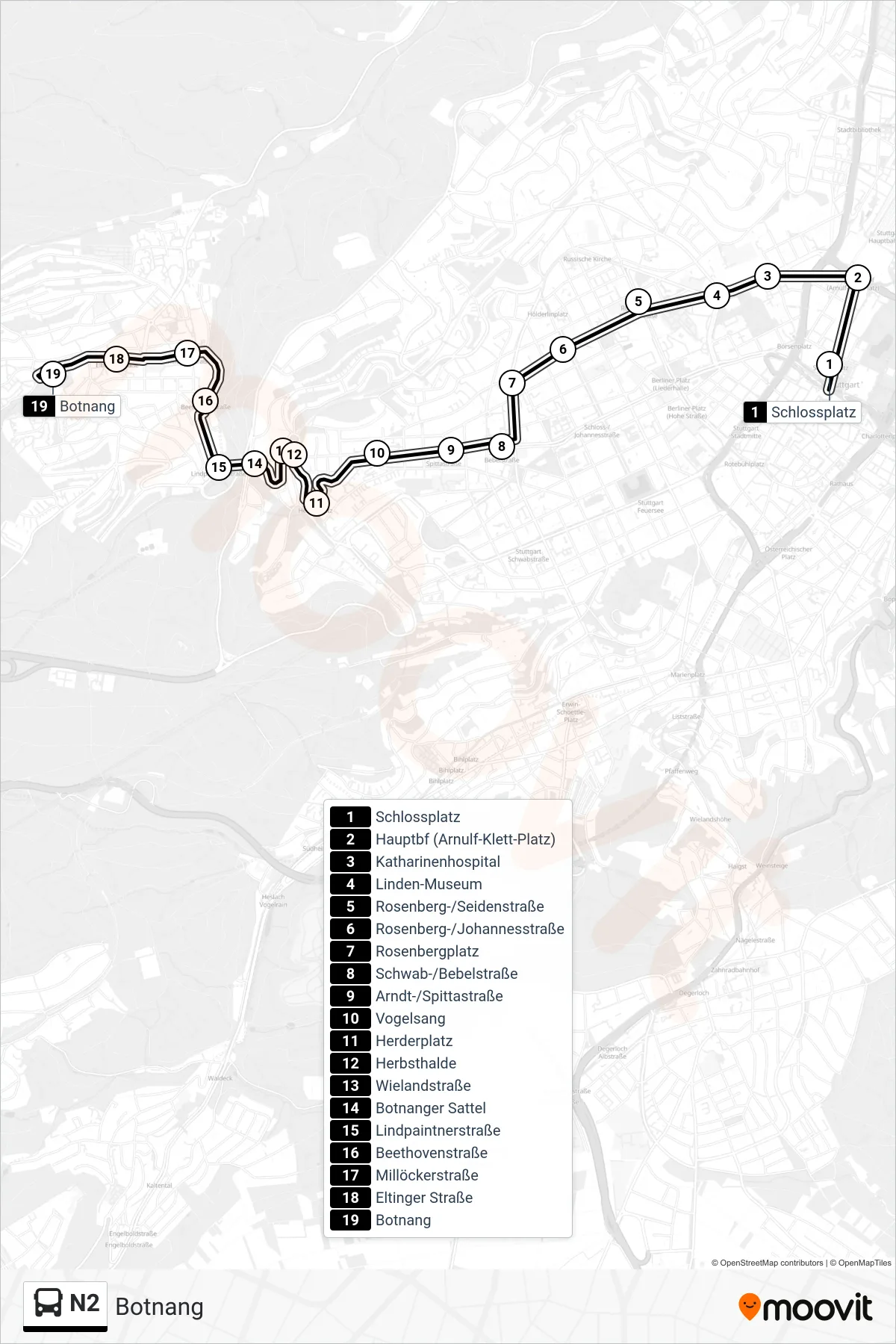 N2 tram Line (Botnang) route and stops on a map