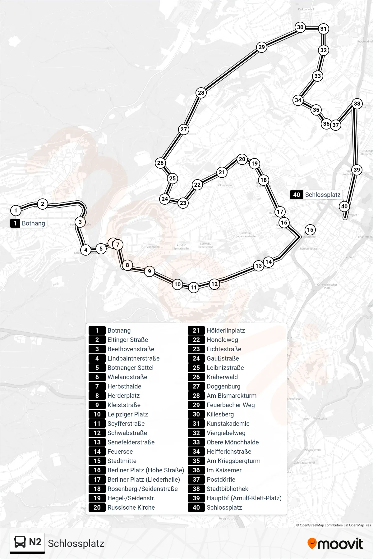Linie N2 (Tram) Richtung Schlossplatz: Route und Haltestellen auf der Karte