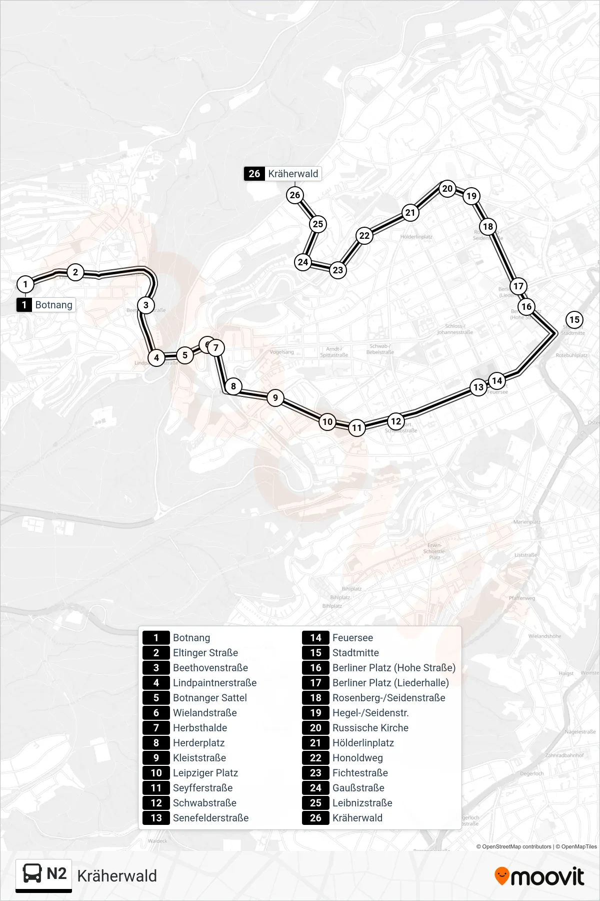 N2 tram Line (Kräherwald) route and stops on a map