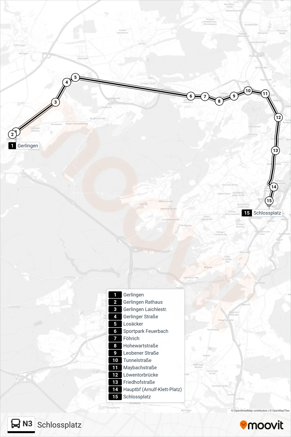 Linie N3 (Tram) Richtung Schlossplatz: Route und Haltestellen auf der Karte
