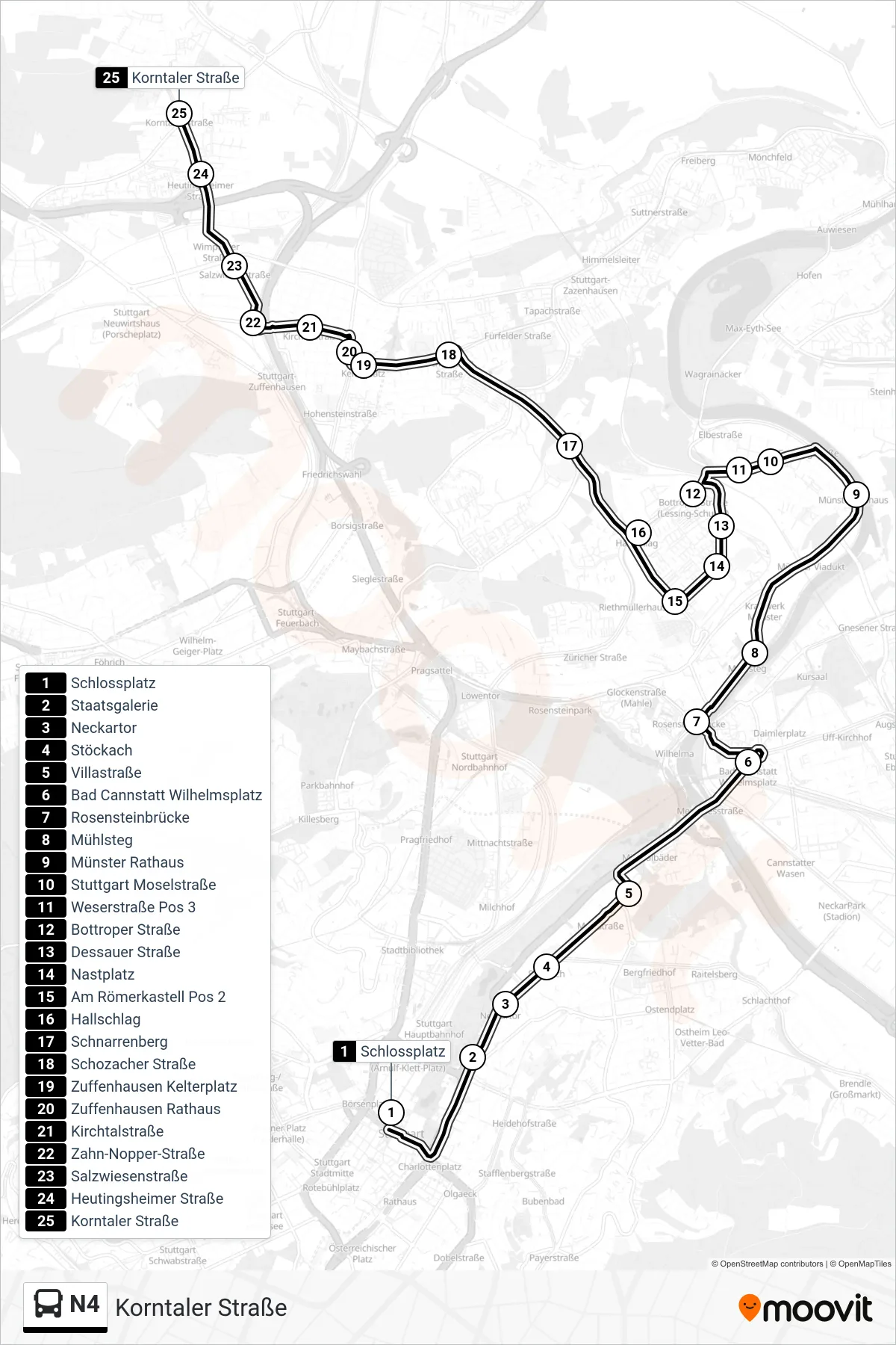 N4 tram Line (Korntaler Straße) route and stops on a map
