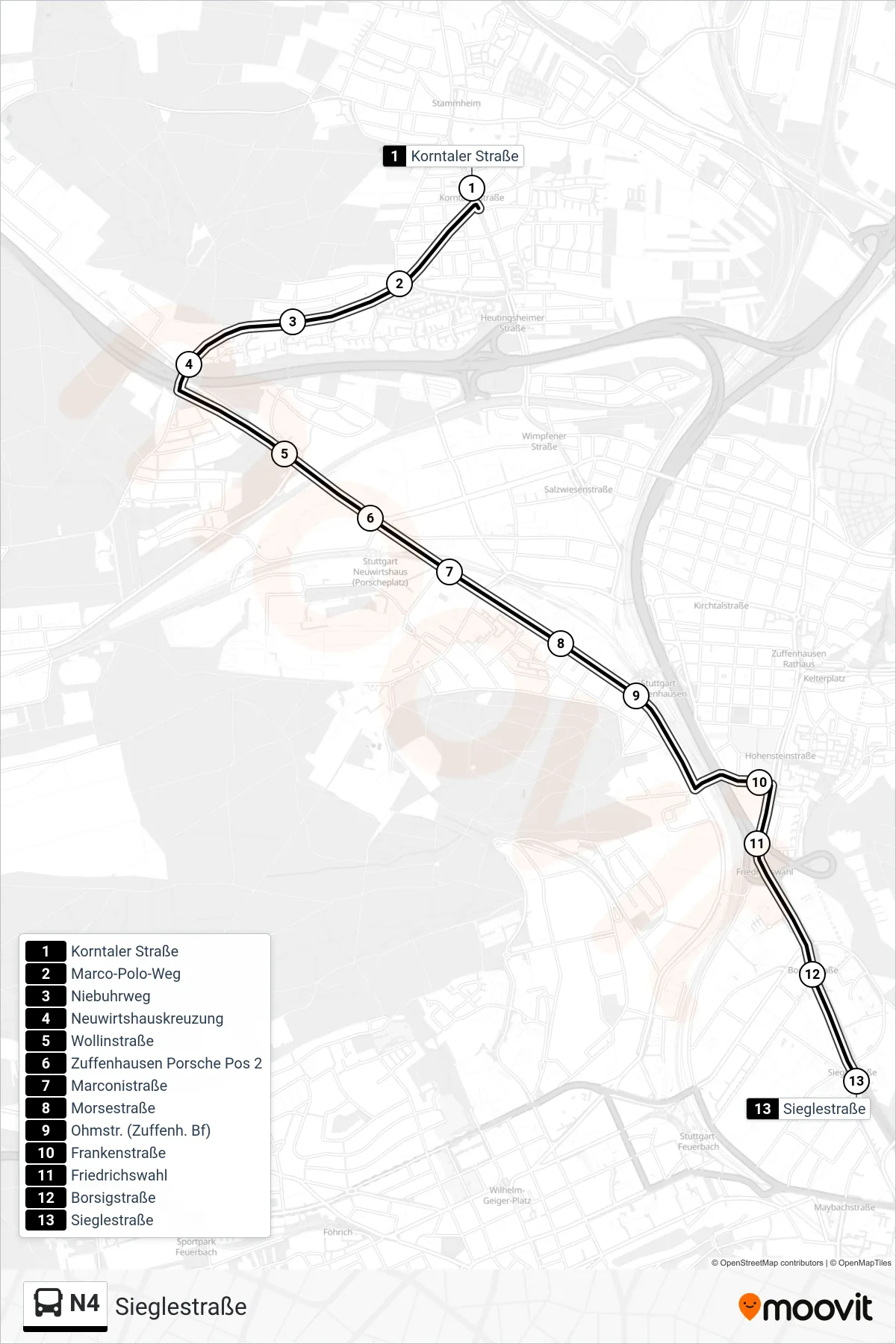 Linie N4 (Tram) Richtung Sieglestraße: Route und Haltestellen auf der Karte