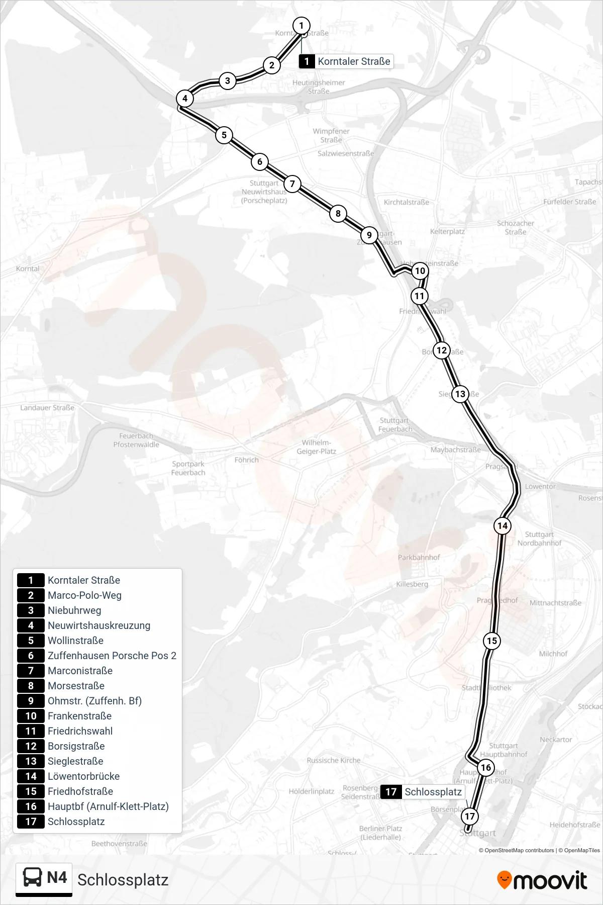 N4 tram Line (Schlossplatz) route and stops on a map