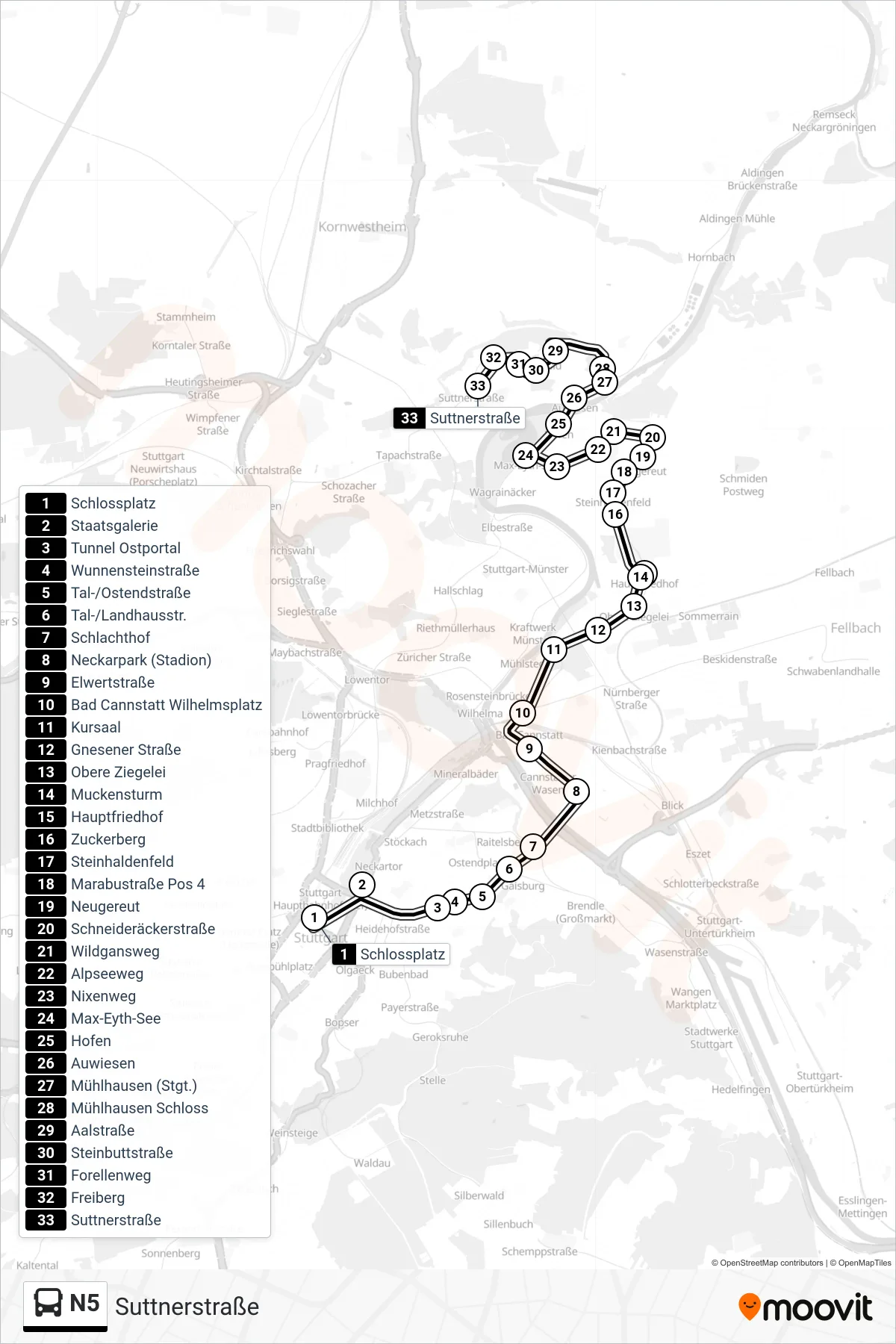 N5 tram Line (Suttnerstraße) route and stops on a map