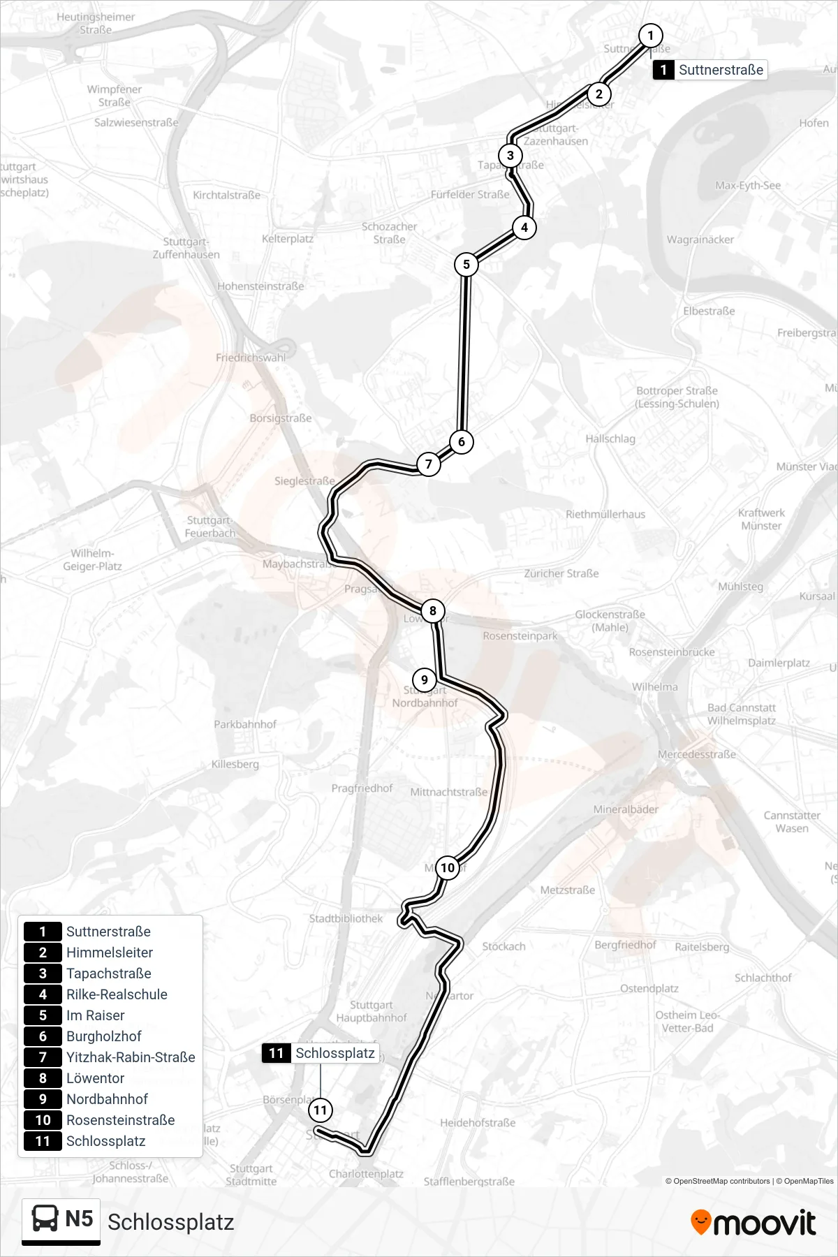 N5 tram Line (Schlossplatz) route and stops on a map