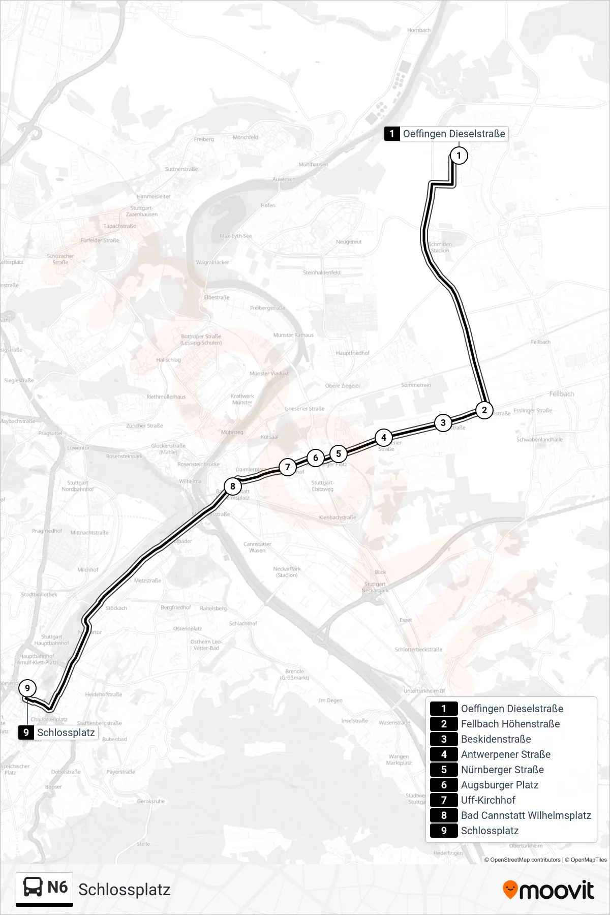 Linie N6 (Tram) Richtung Schlossplatz: Route und Haltestellen auf der Karte