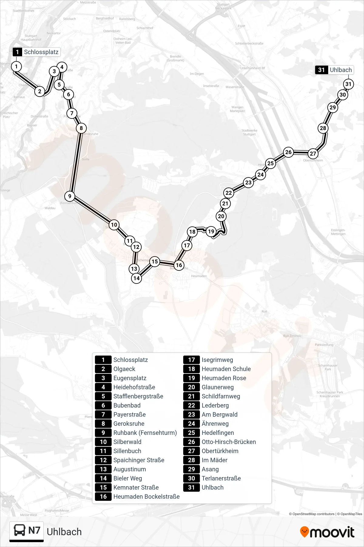 Linie N7 (Tram) Richtung Uhlbach: Route und Haltestellen auf der Karte