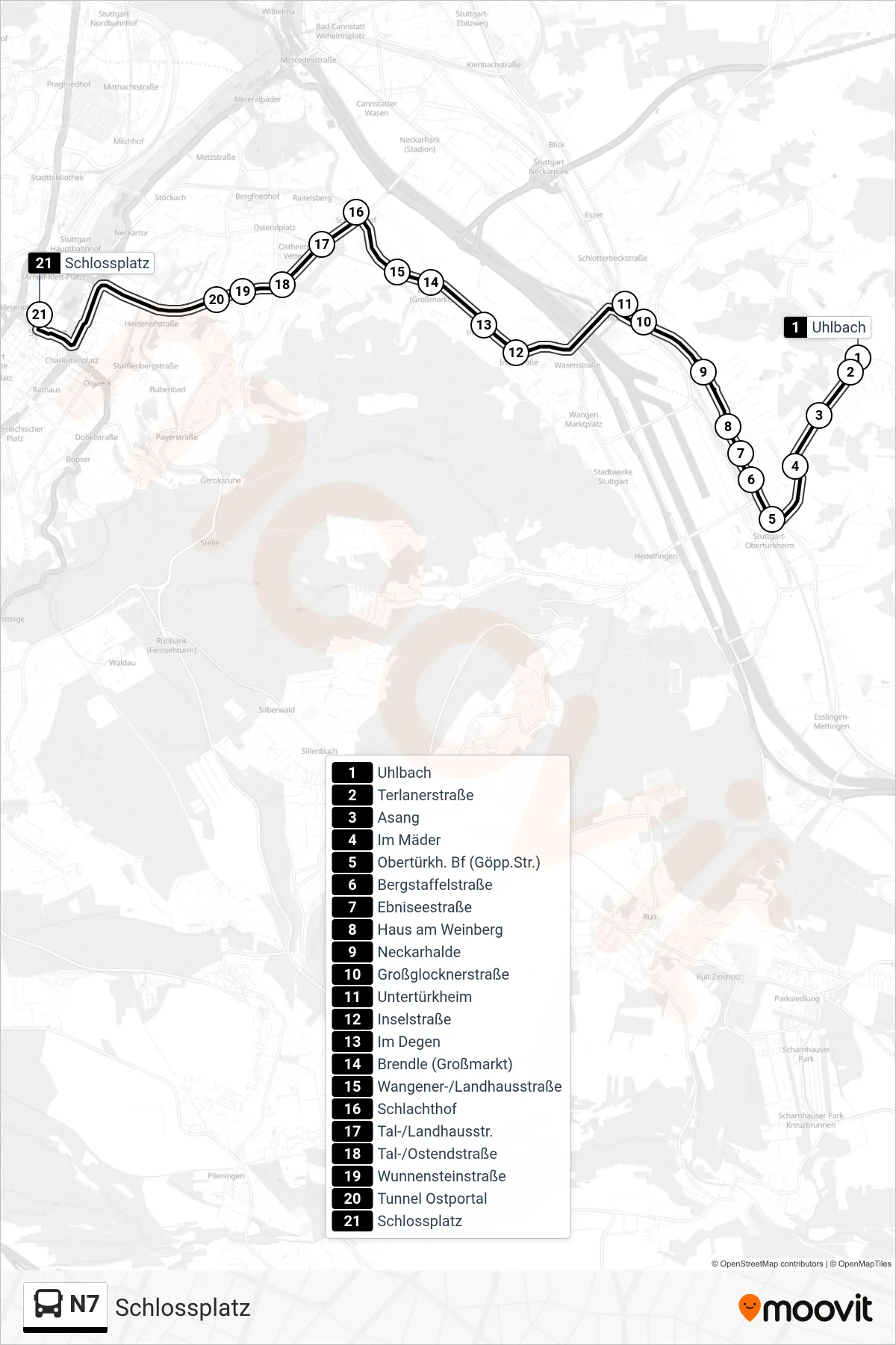 N7 tram Line (Schlossplatz) route and stops on a map