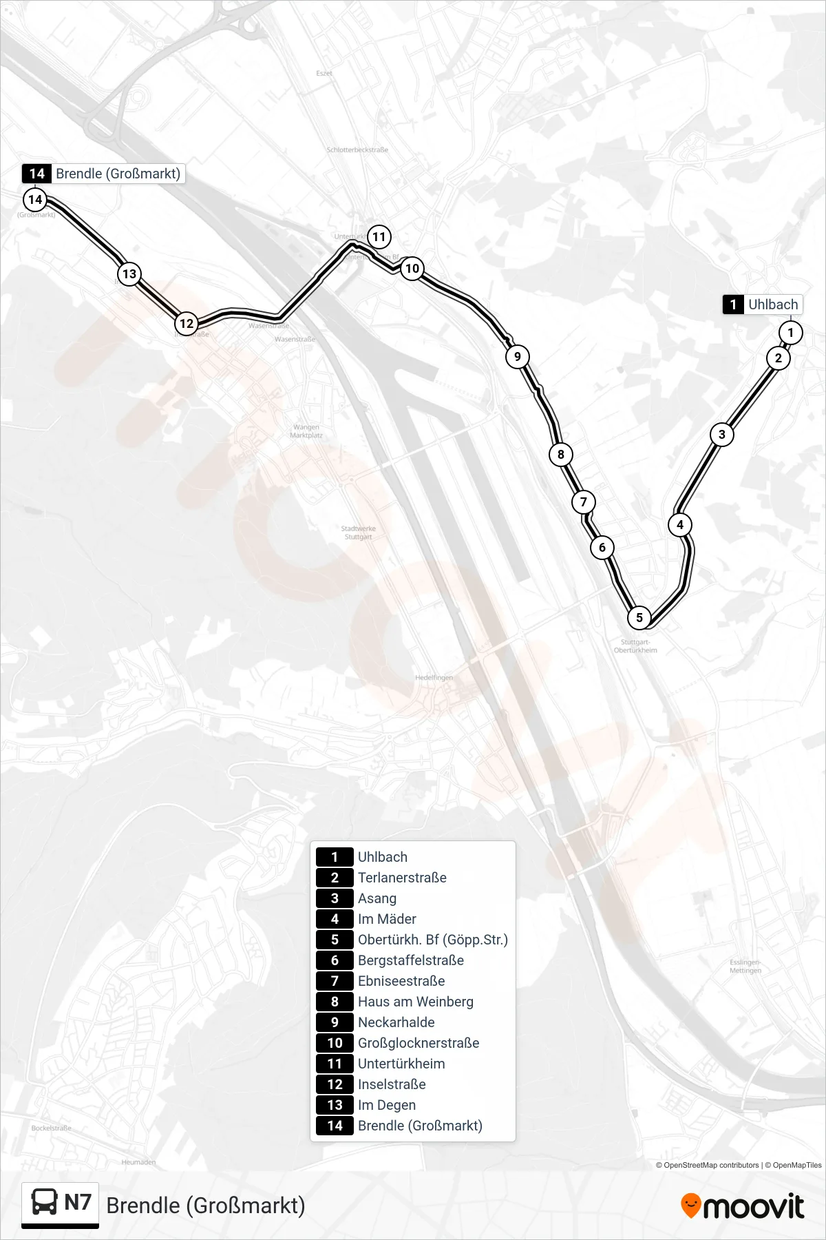 N7 tram Line (Brendle (Großmarkt)) route and stops on a map