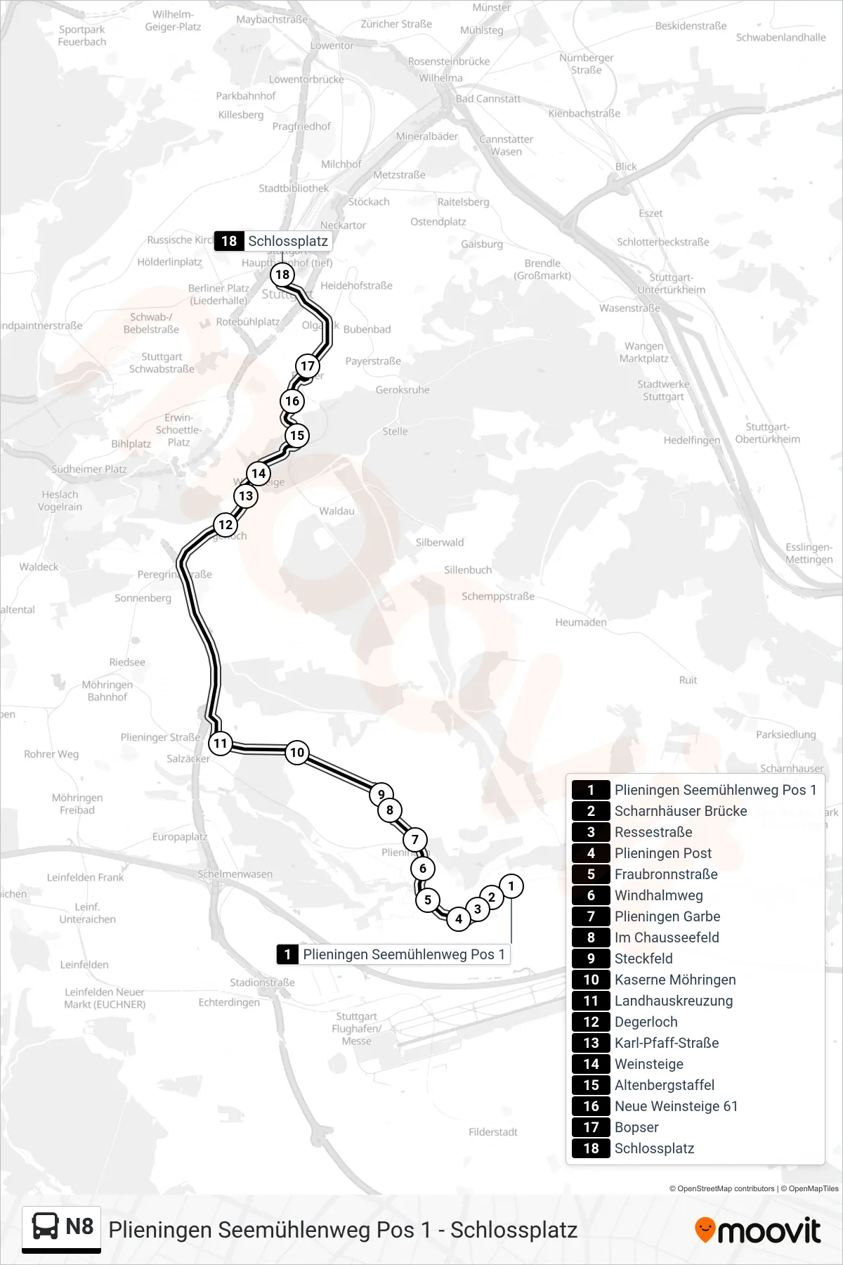 Linie N8 (Tram) Richtung Schlossplatz: Route und Haltestellen auf der Karte