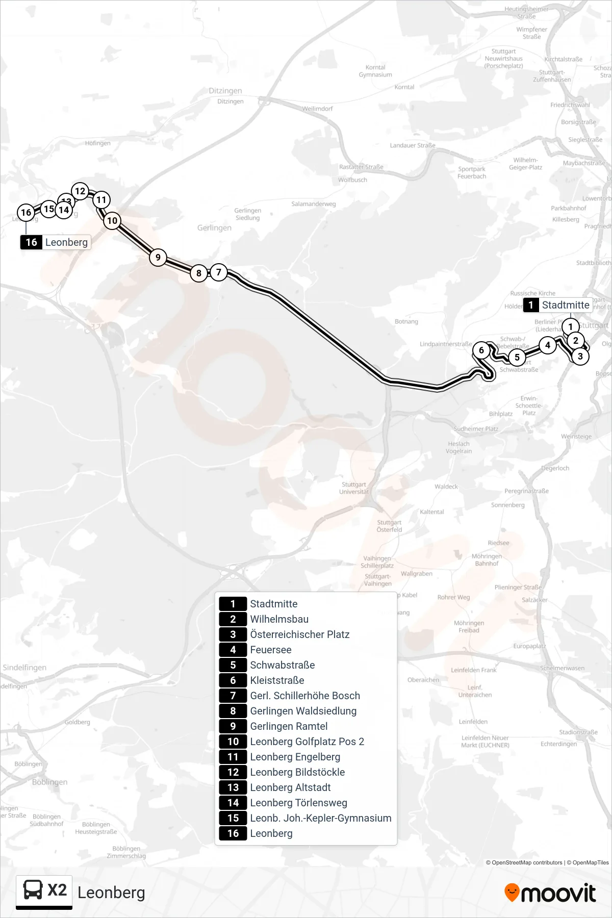 Linie X2 (Tram) Richtung Leonberg: Route und Haltestellen auf der Karte
