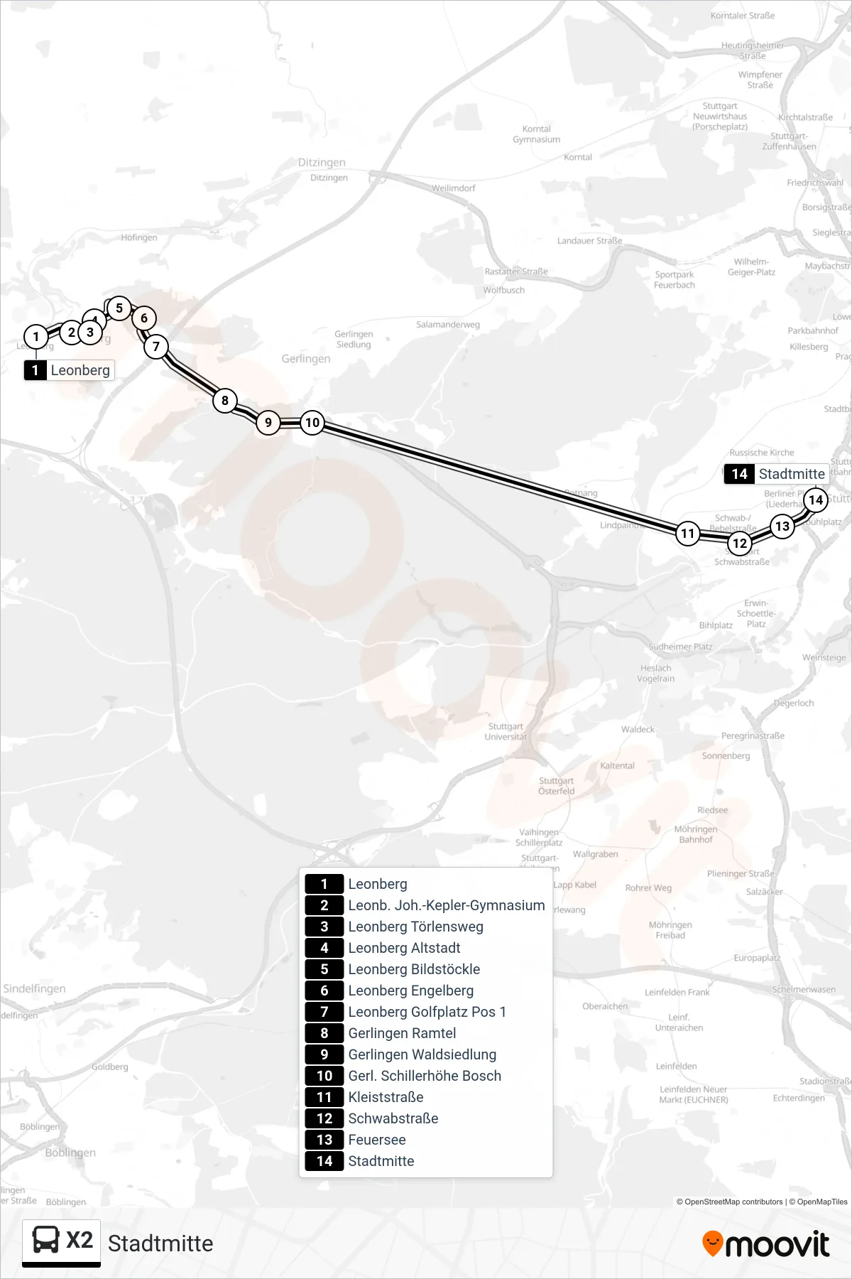 X2 tram Line (Stadtmitte) route and stops on a map