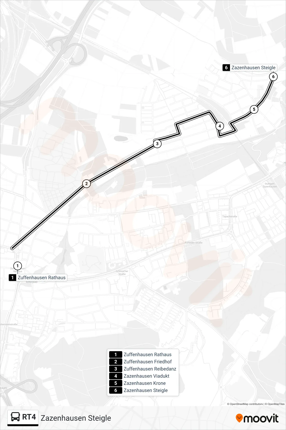 Linie RT4 (Tram) Richtung Zazenhausen Steigle: Route und Haltestellen auf der Karte