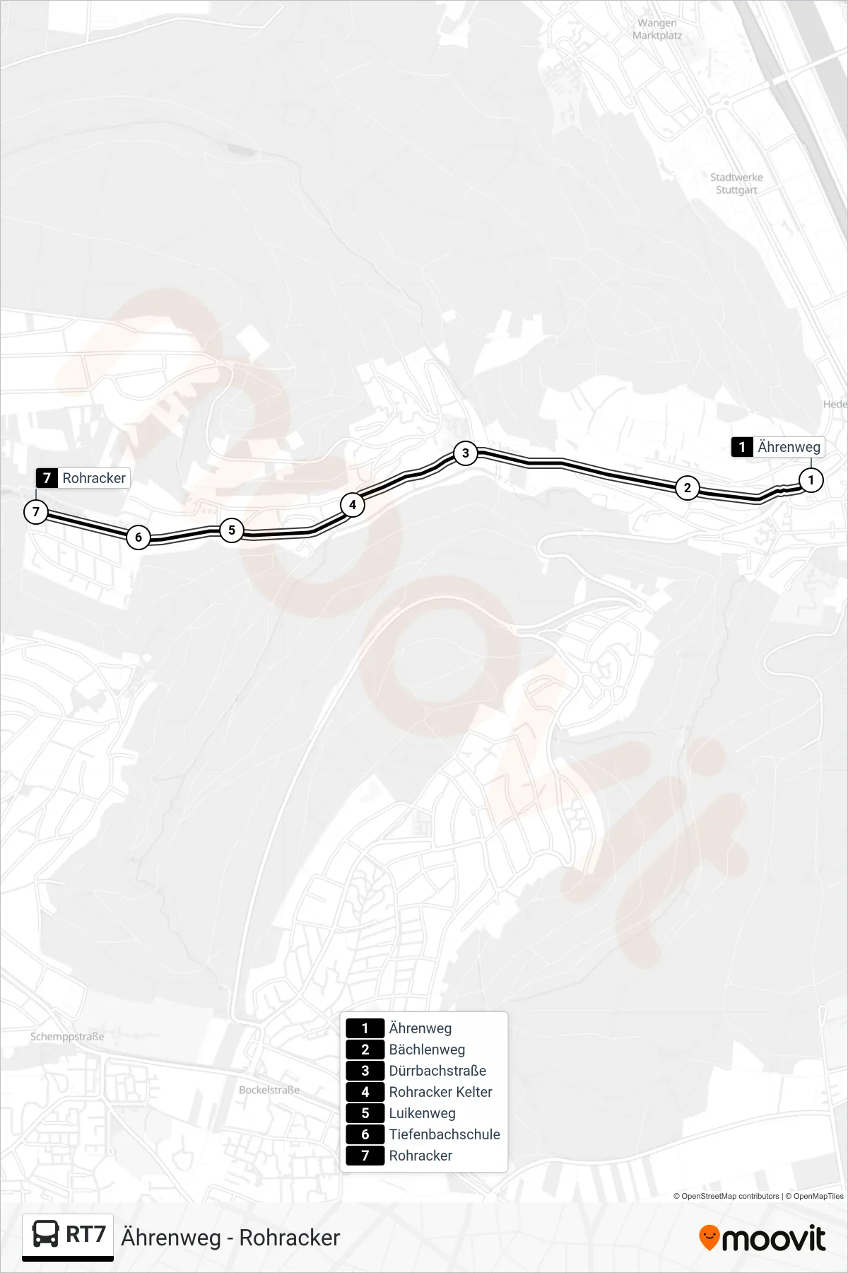 Linie RT7 (Tram) Richtung Rohracker: Route und Haltestellen auf der Karte