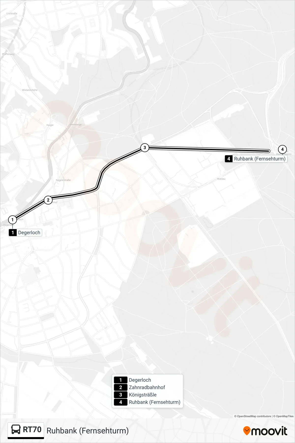 RT70 tram Line (Ruhbank (Fernsehturm)) route and stops on a map