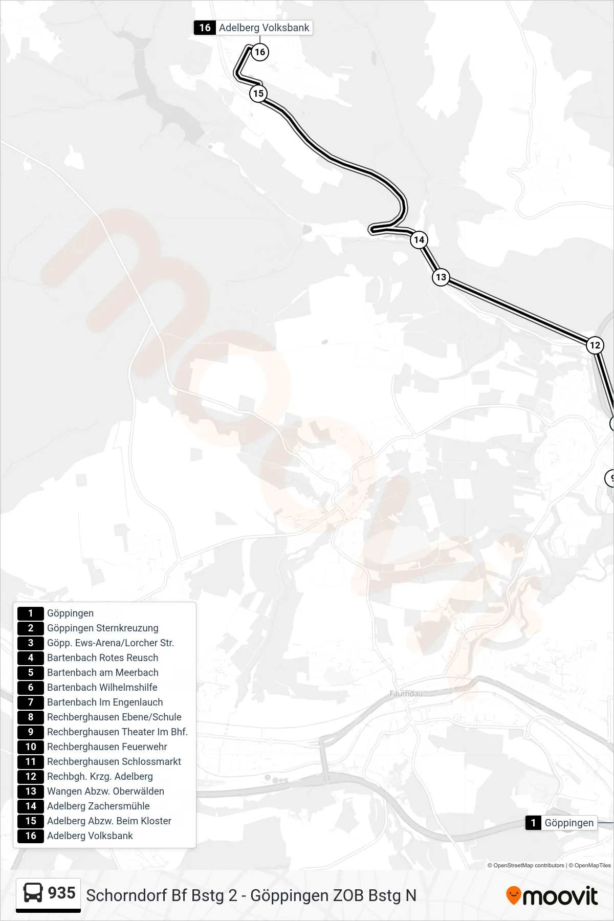 935 bus Line (Adelberg Volksbank) route and stops on a map