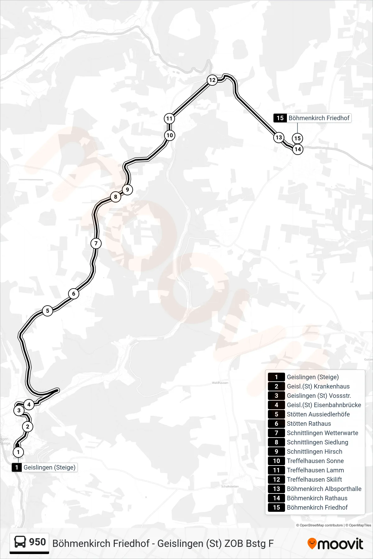 Linie 950 (Bus) Richtung Böhmenkirch Friedhof: Route und Haltestellen auf der Karte