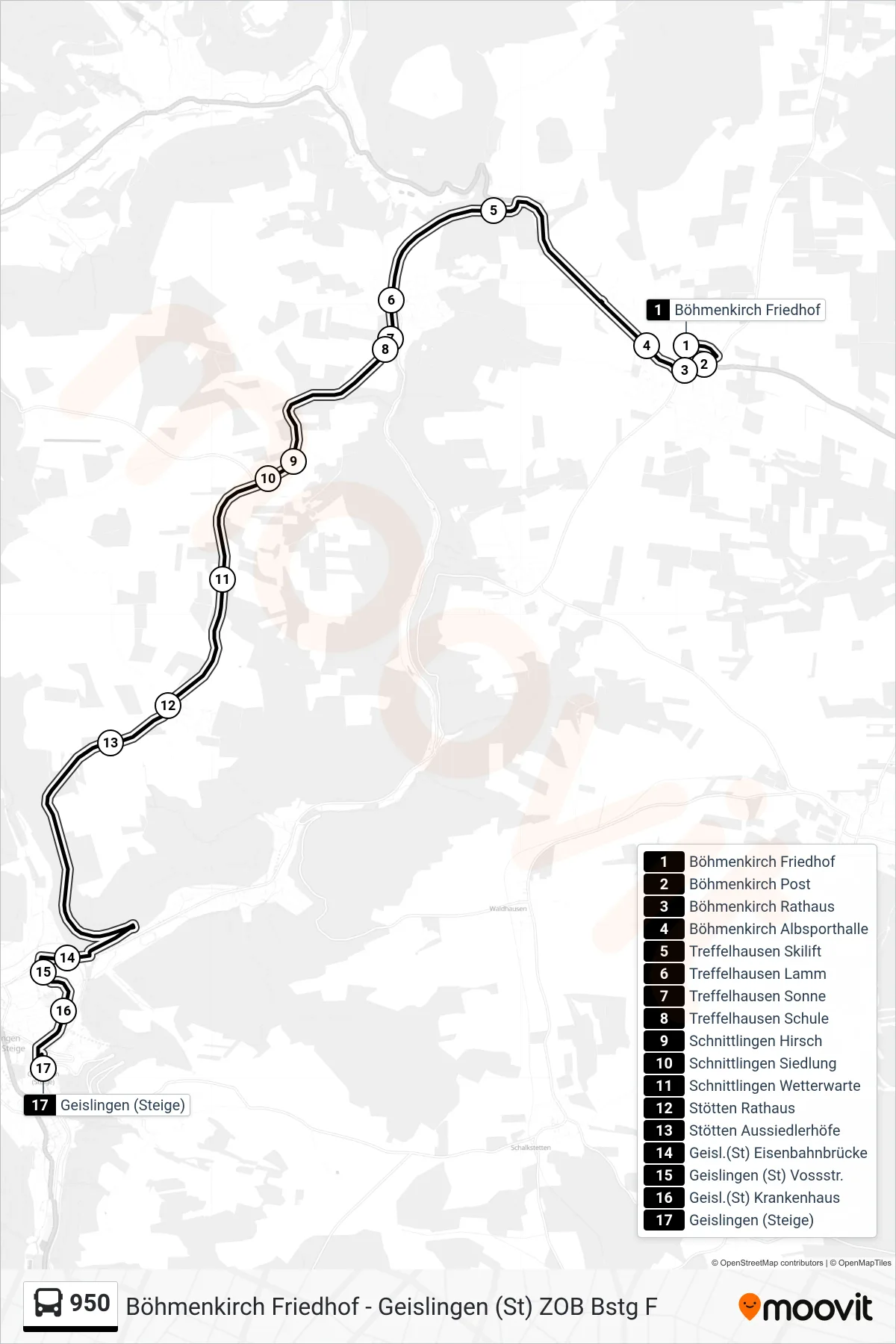 950 bus Line (Geislingen (Steige)) route and stops on a map