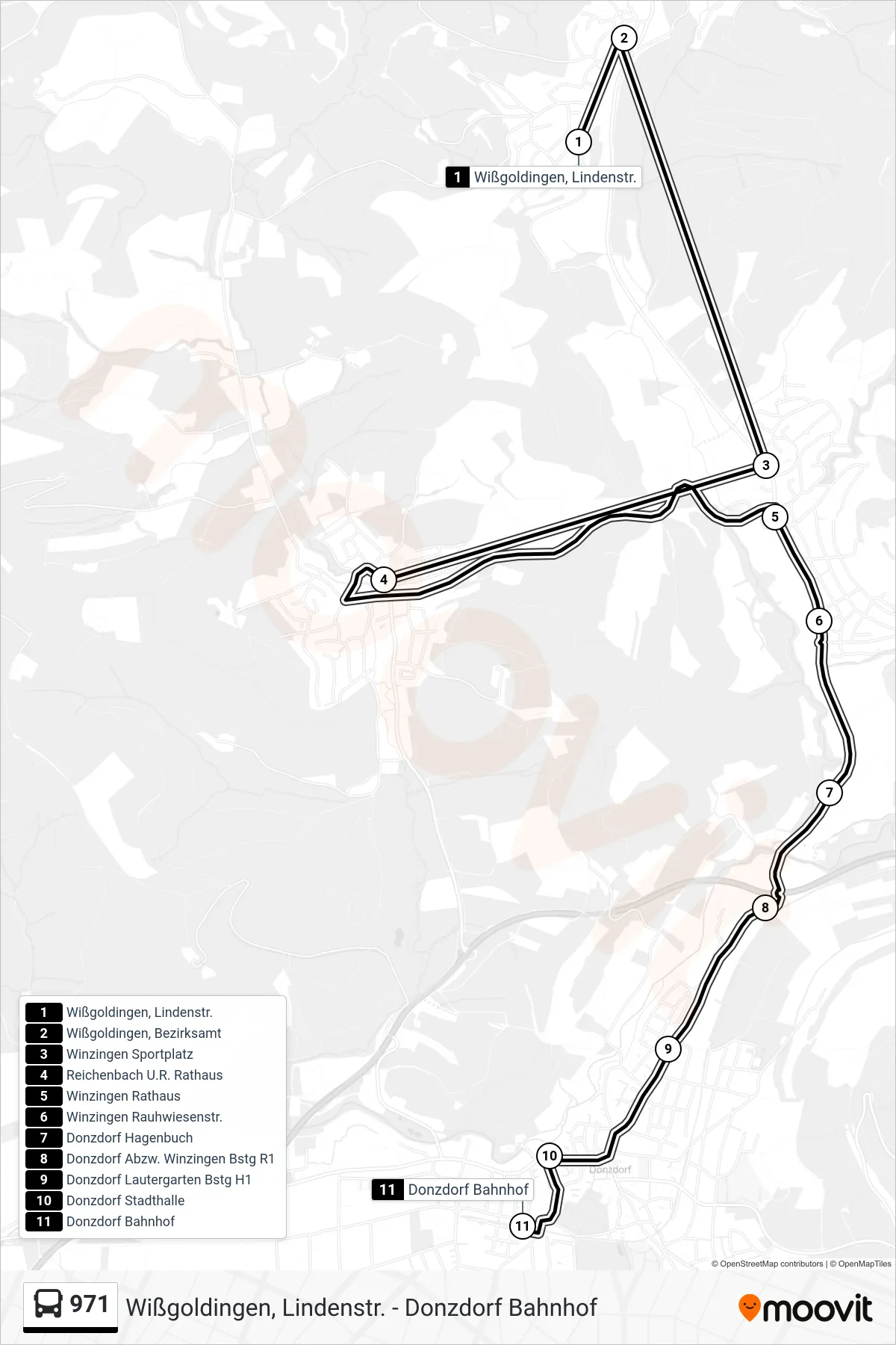 971 bus Line (Donzdorf Bahnhof) route and stops on a map