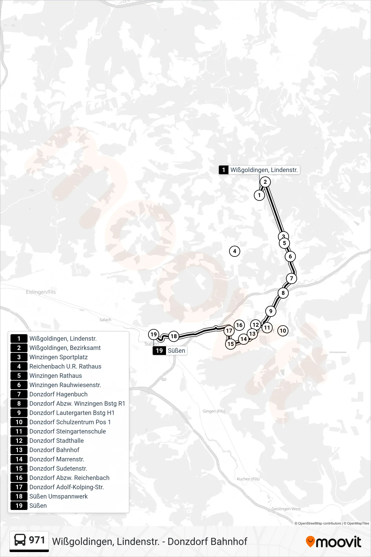 971 bus Line (Süßen) route and stops on a map